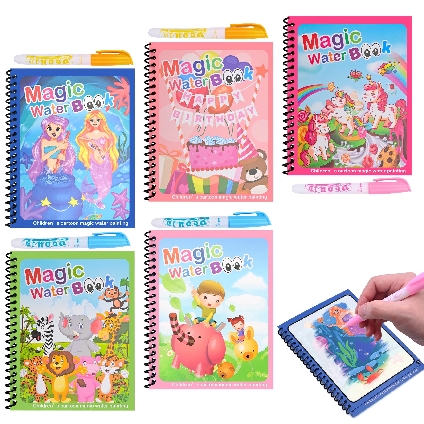 Damcyer 5 Pezzi Libro di Pittura ad Acqua per Bambini con 5 Penna Acqua,5 Temi Riutilizzabile Magic Water Book,Libri ad Acqua da Colorare Bambini,Libro da Disegno ad Acqua per Bambini da 3 Anni,D