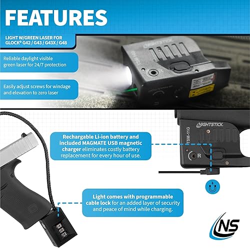 Miniatura 4 de Nightstick TSM-11G - Luz táctica recargable de 150 lúmenes con mira láser verde -IP-X4 resistente al agua para pistola Glock G42, G43, G43X y G48
