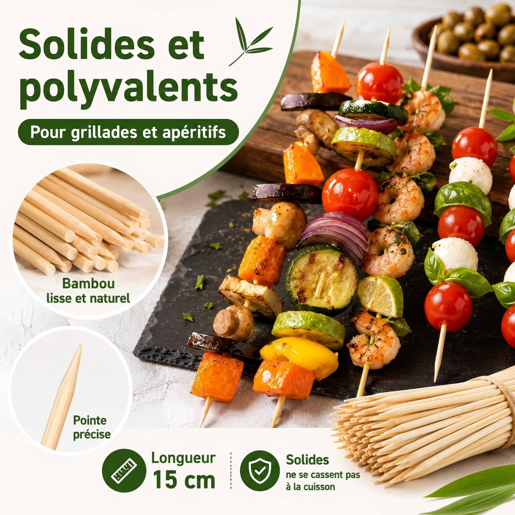 Lot de 100 Pics à Brochettes en Bois 3.5mm x 15cm pour Barbecue, Grillades, Fruits et Légumes