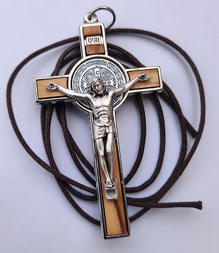 Miniatura 7 de Collar con colgante cristiano de cruz de crucifijo de metal de madera de olivo de San Benito, 3 pulgadas, Metal Madera, No es una piedra preciosa
