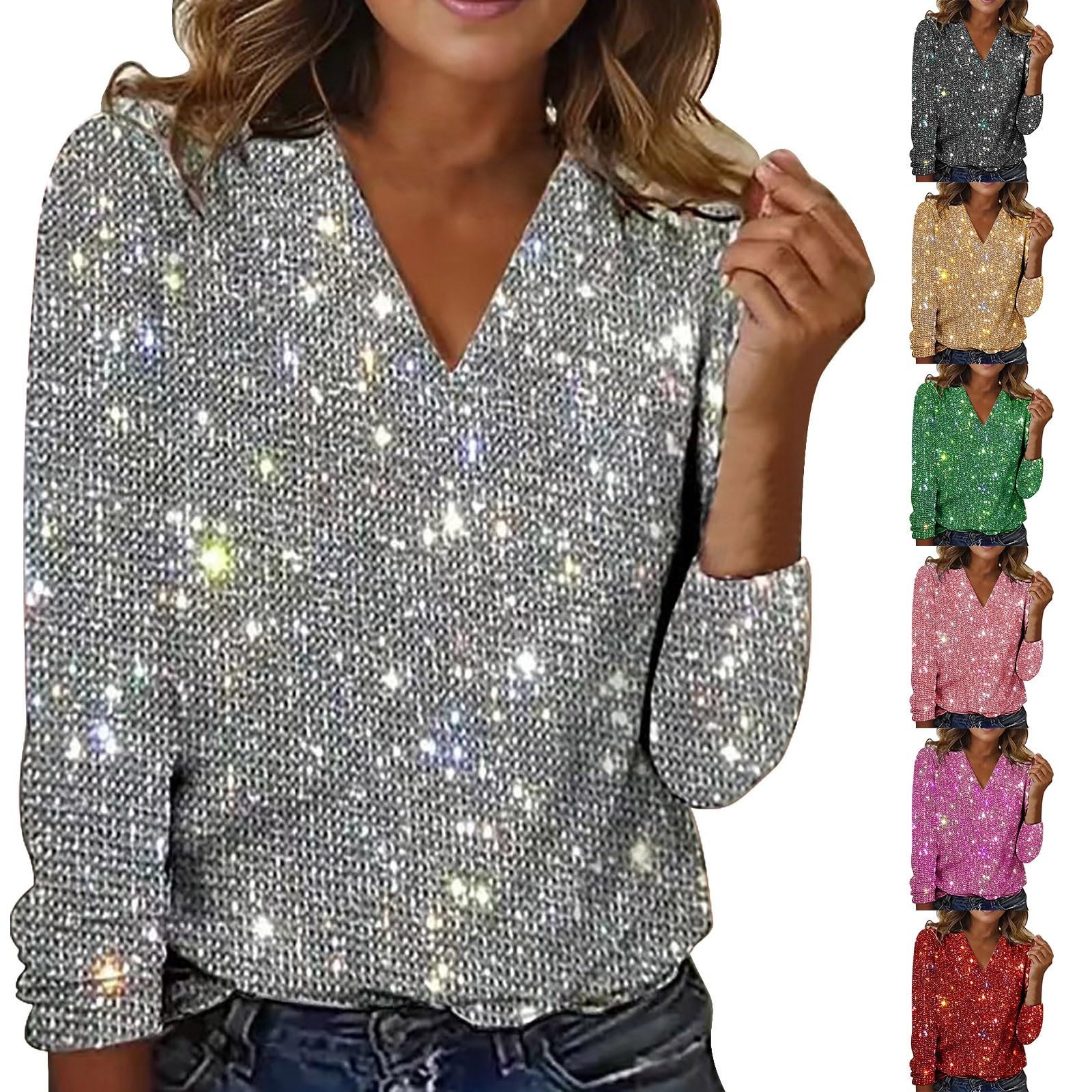 NidddivWomen's Sequin Tunic Tops V Neck T Shirt Casual Solid Color Jumpers Long Sleeve T-Shirts Loose Ladies Blouses Sparkly Tunic Tops Glitter Tee Shirts Pullover Women UK Elegant Size S-XXL