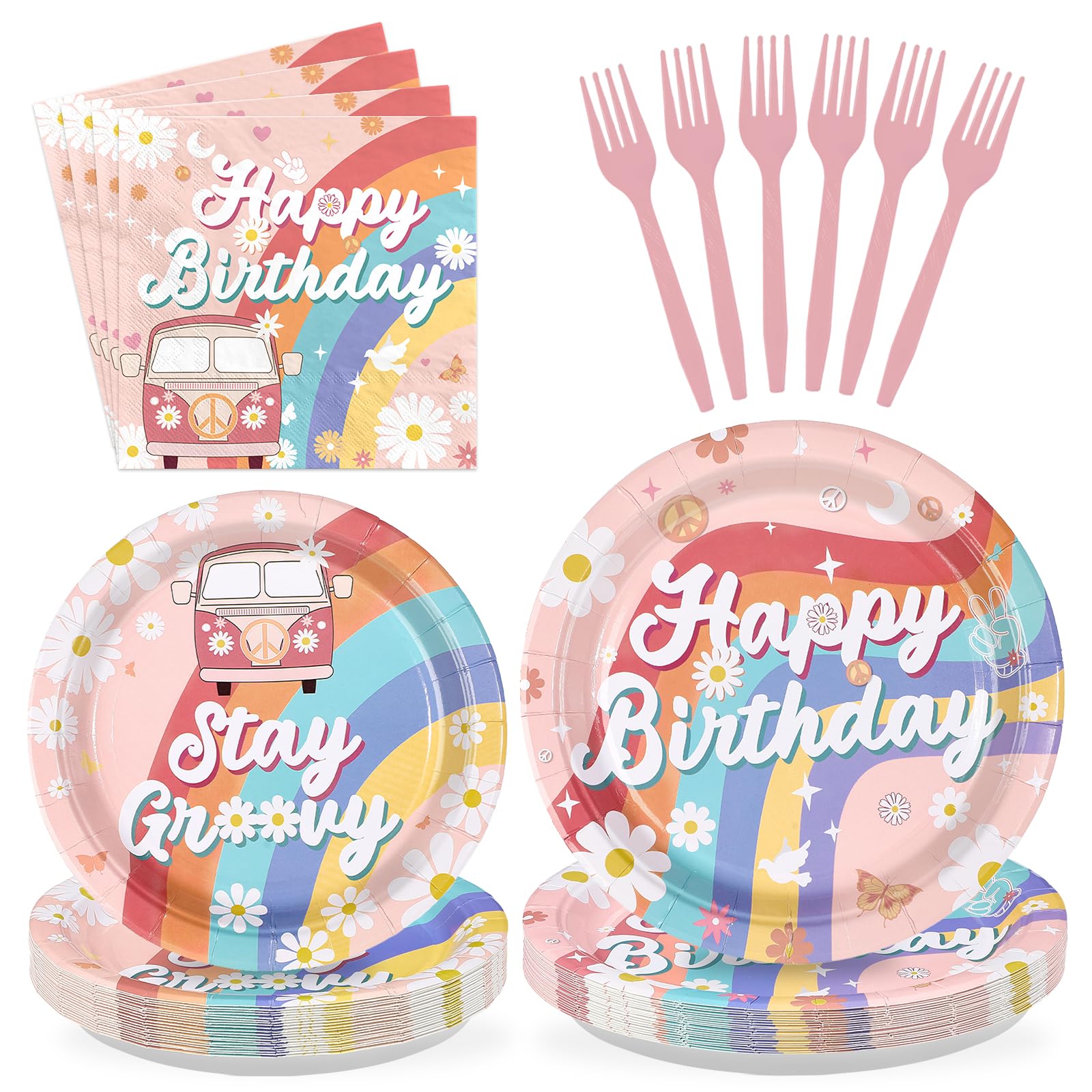 View 1 of **MISSING FORKS AND NAPKINS** Greencian 96Pcs Groovy Birthday Party Supplies Serves 24