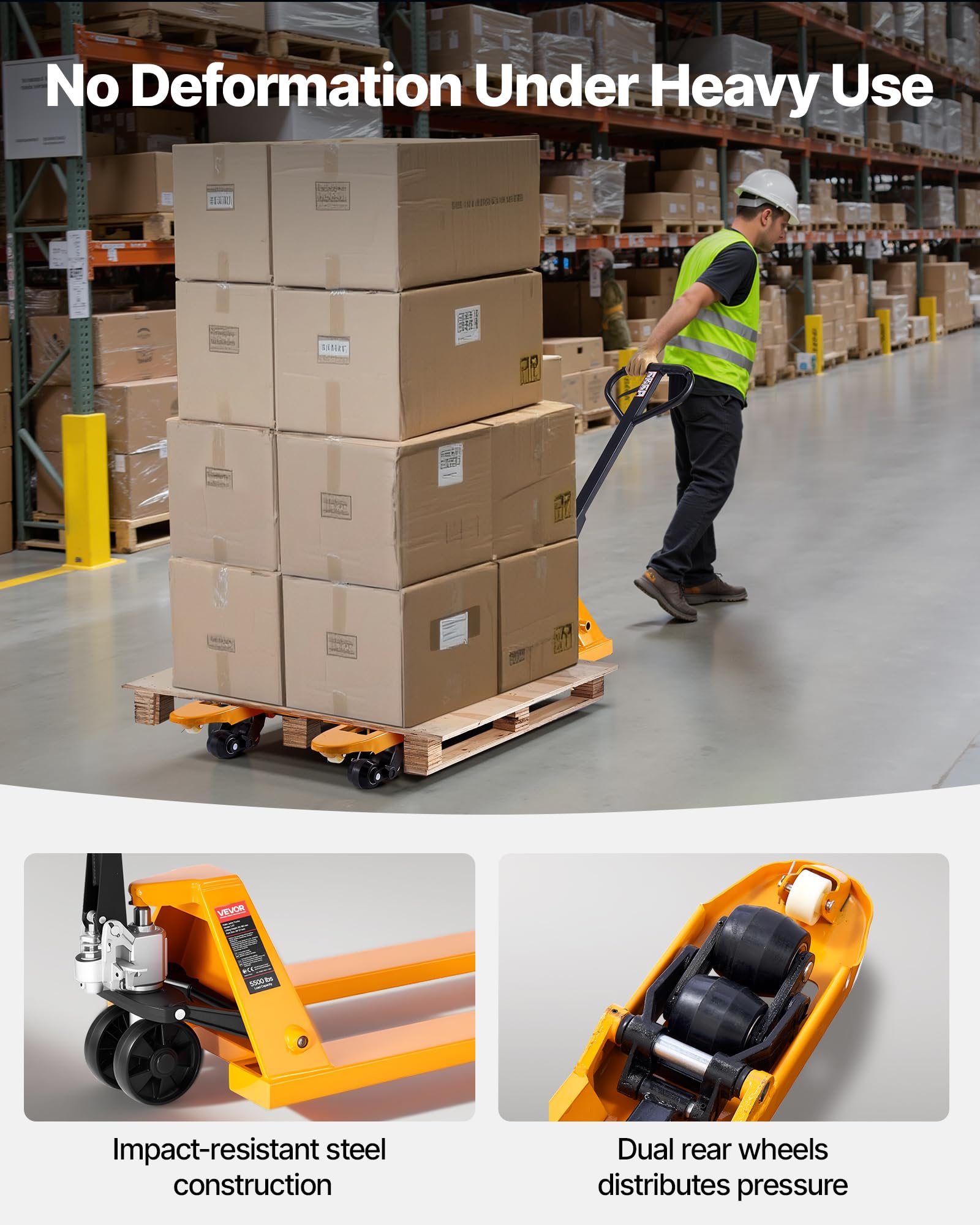 VEVOR Transpallet, Capacità 2,5 T, Transpallet Manuale con Forche da 1620 x 685 x 1225 mm per Movimentazione Materiali, Altezza di Sollevamento Forche 85-180 mm, per Magazzino, Supermercato