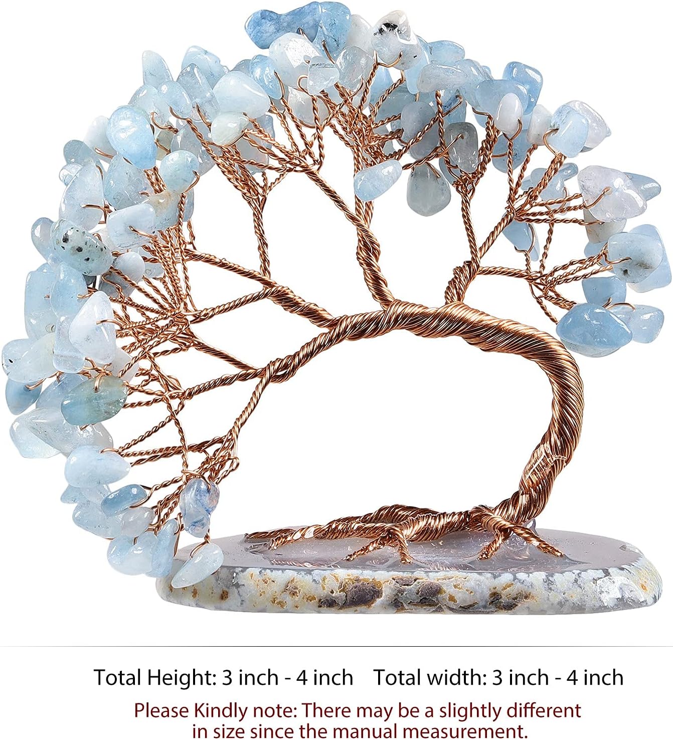 TUMBEELLUWA Reiki Crystal Money Tree with Agate Slice Base Feng Shui Stone Bonsai Tree Figure Decor for Happiness Good Luck and Wealth, Aquamarine - Image 3