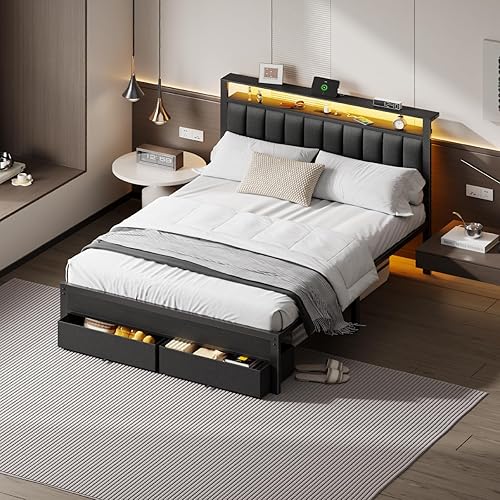 Miniatura 3 de Furnulem Base de cama Queen con estación de carga y luces LED, cabecera tapizada gris con estantes, cama de plataforma de metal con 2 almacenamiento