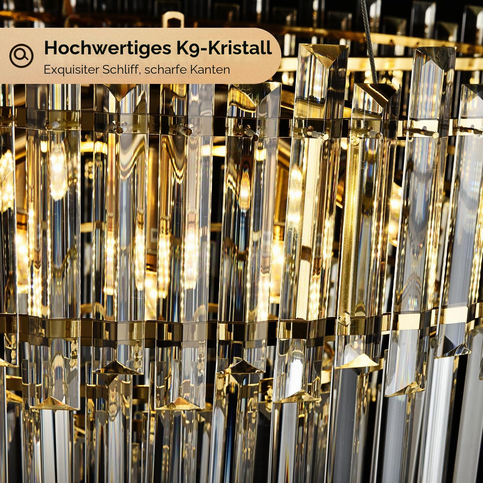 Moderne Gold Kristall Kronleuchter, Runde Pendelleuchte aus klarem Kristall für Esszimmer, Wohnzimmer, Schlafzimmer & Restaurant, E14 x 8, Φ60 cm