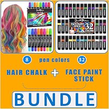 Jim&Gloria 8 Dustless Hair Chalk Temporary Hair Dye Color 32 Face Paint Colors Metallic Neon Classic Makeup Brush