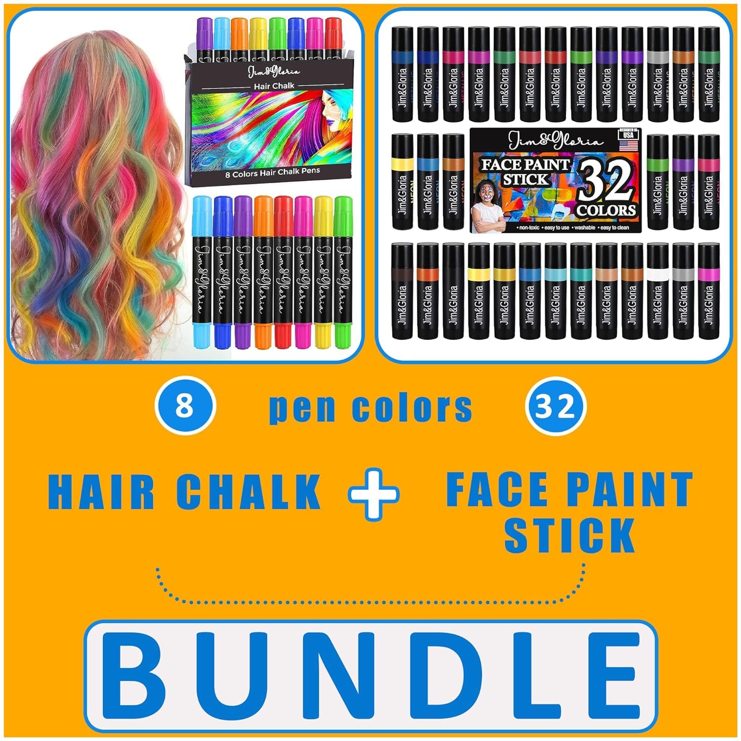 Jim&Gloria 8 Dustless Hair Chalk Temporary Hair Dye Color 32 Face Paint Colors Metallic Neon Classic Makeup Brush