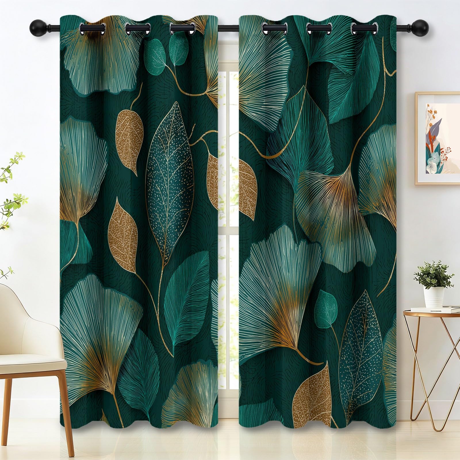 Verdunkelungsvorhänge mit Ösen H260 x B140 cm (2er Set), Moderner Luxus Blätter Bedruckte Thermo Vorhänge für Schlafzimmer & Kinderzimmer, Blickdichte Gardinen Lärmschutz, Dunkelgrün