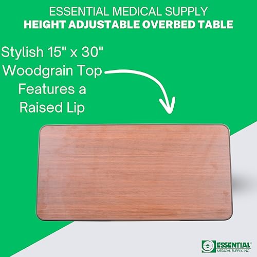 Miniatura 6 de Essential Medical Supply Mesa automática de altura ajustable para colocar sobre la cama, parte superior de madera con ruedas de bloqueo, perfecta