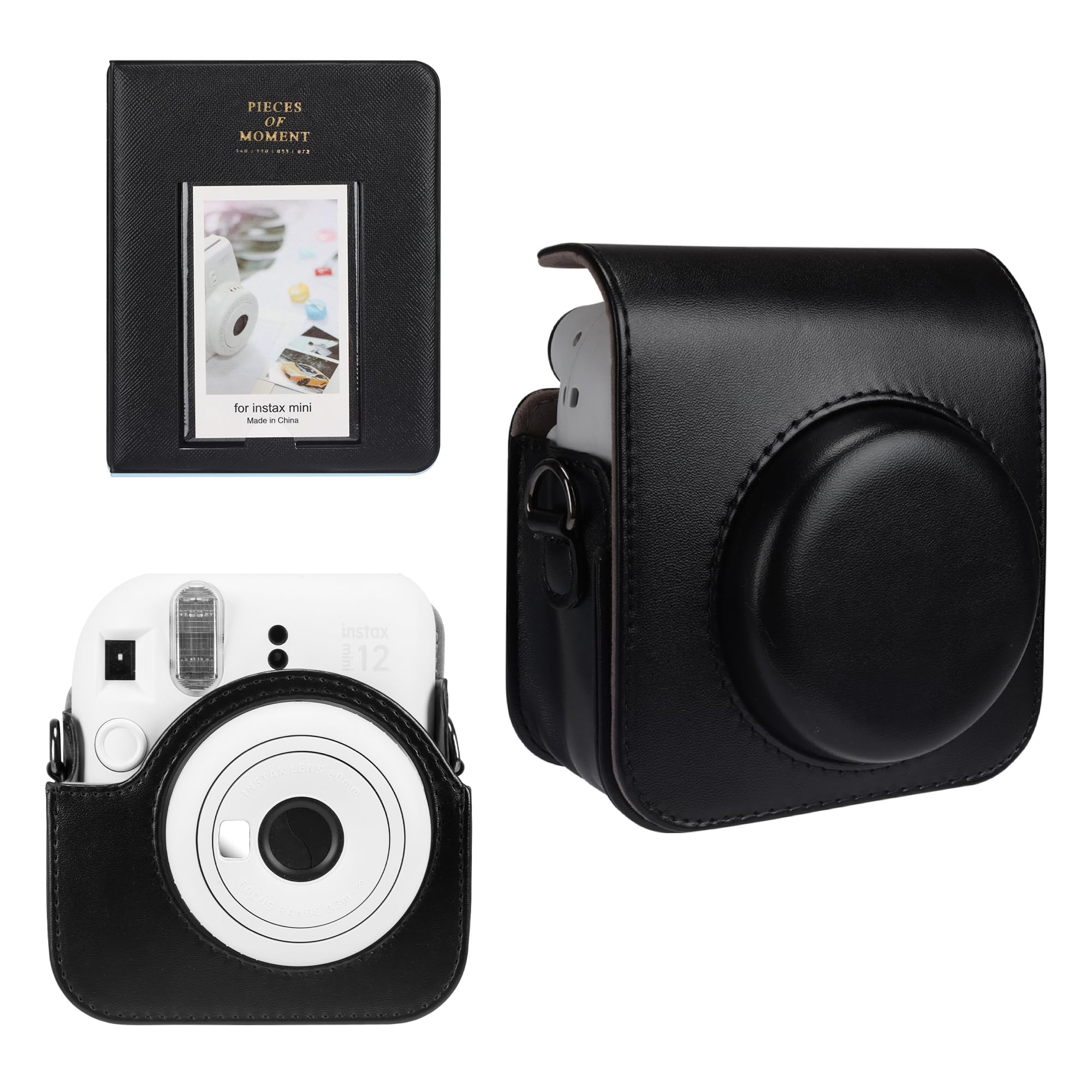 Kameratasche und 64 Taschen Fotoalbum kompatibel mit Fujifilm Instax Mini 12 Sofortbildkamera, PU Leder tragbare Mini 12 Kameratasche mit verstellbarem Schulterriemen (Schwarz)
