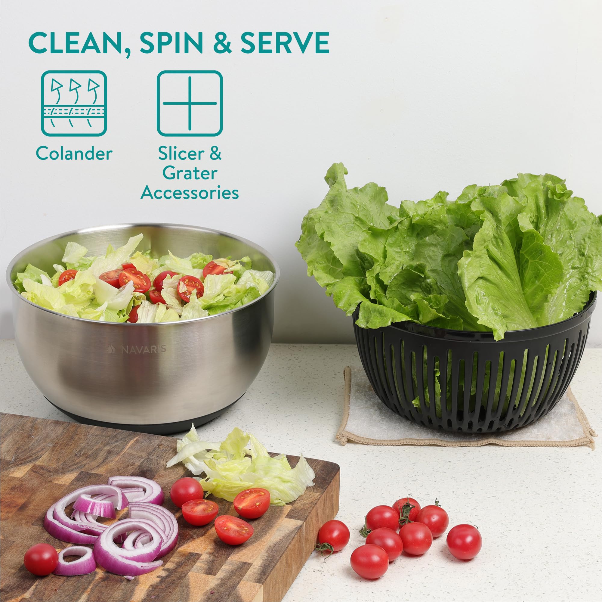 Navaris Escurridor de Ensaladas con Tapa - Escurridor de Ensaladas de Acero Inoxidable - Secador de Ensaladas - Facil de Lavar Secar y Centrifugar - con Rallador y Discos Cortantes