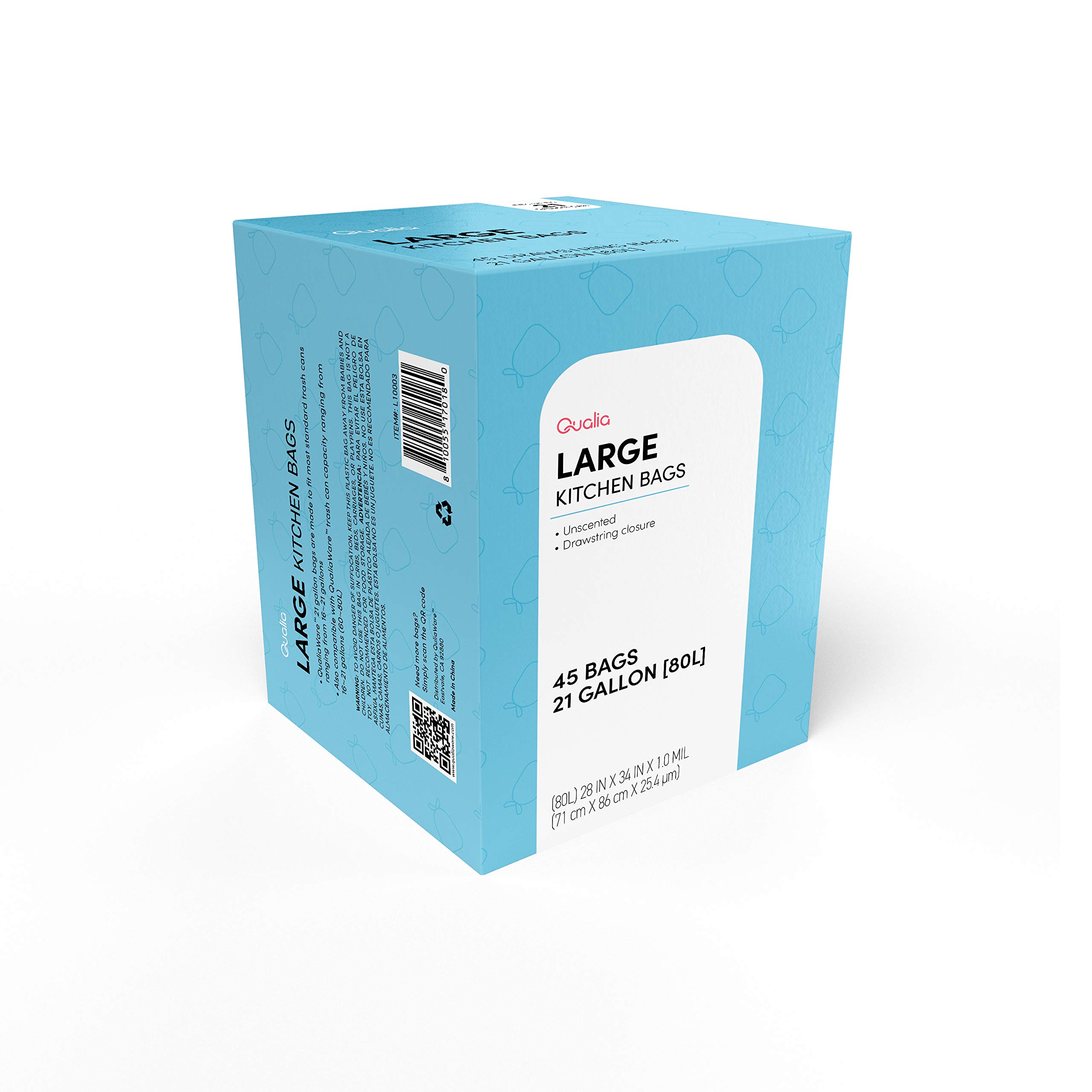 Qualia - Bolsa de basura sin aroma de 80 litros con cierre de cordón, resistente (sin aroma, 90 bolsas)