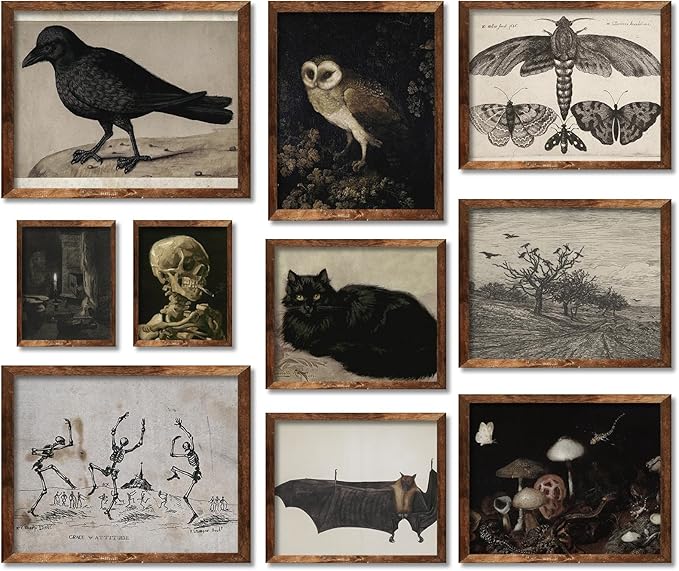 Whaline 10Pcs Halloween Vintage Wall Decor Skeleton Black Cat Dark Academia Wall Art Prints Whimsigothic Wall Art Poster for Gallery Bedroom Living Room(UNFRAMED)