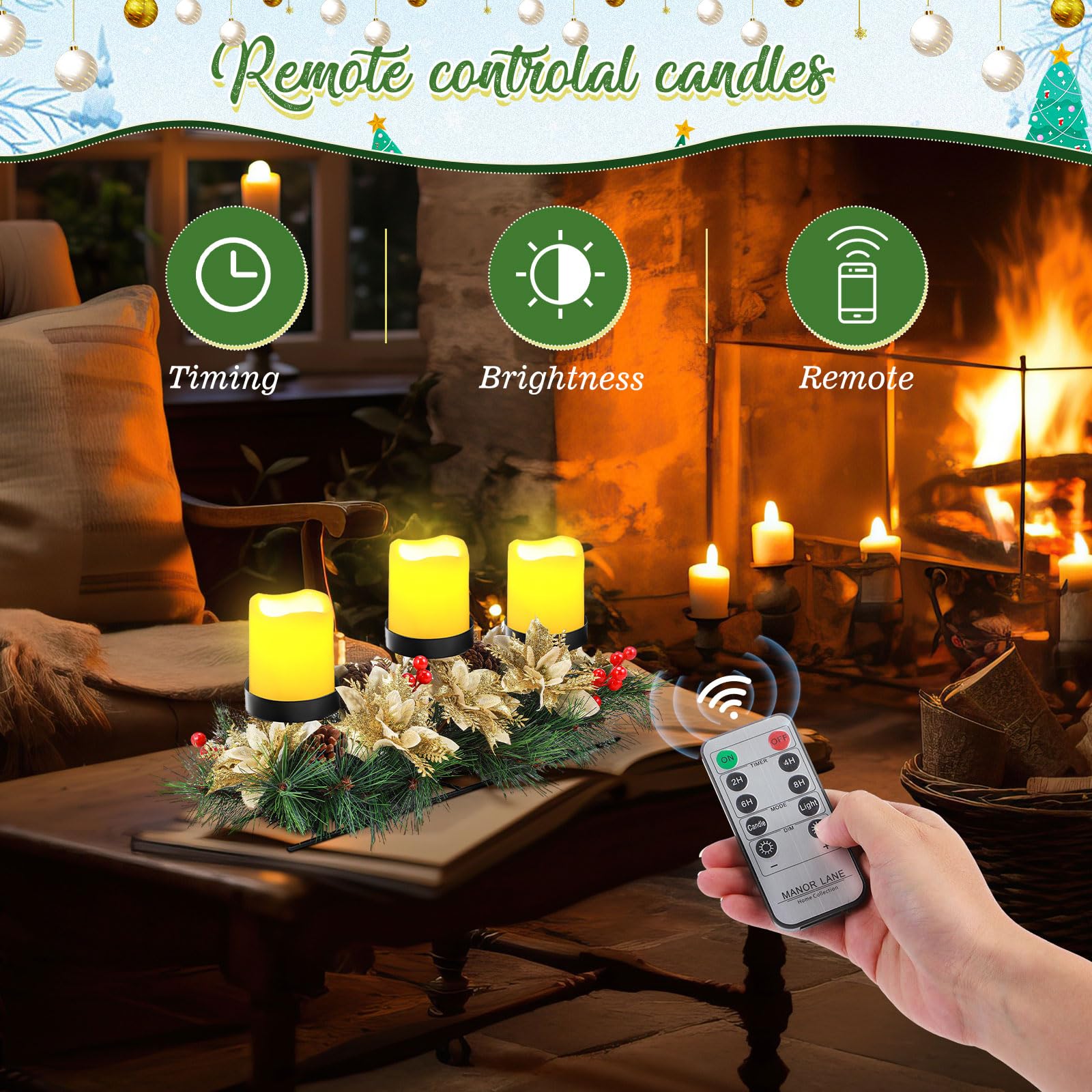 Cinnvoice 17 Inch Artificial Christmas Centerpiece Candle Holder with 3 Ivory White Flickering Flameless Candles with Remote Control and Timer Christmas Table Centerpiece for Party (Gold)