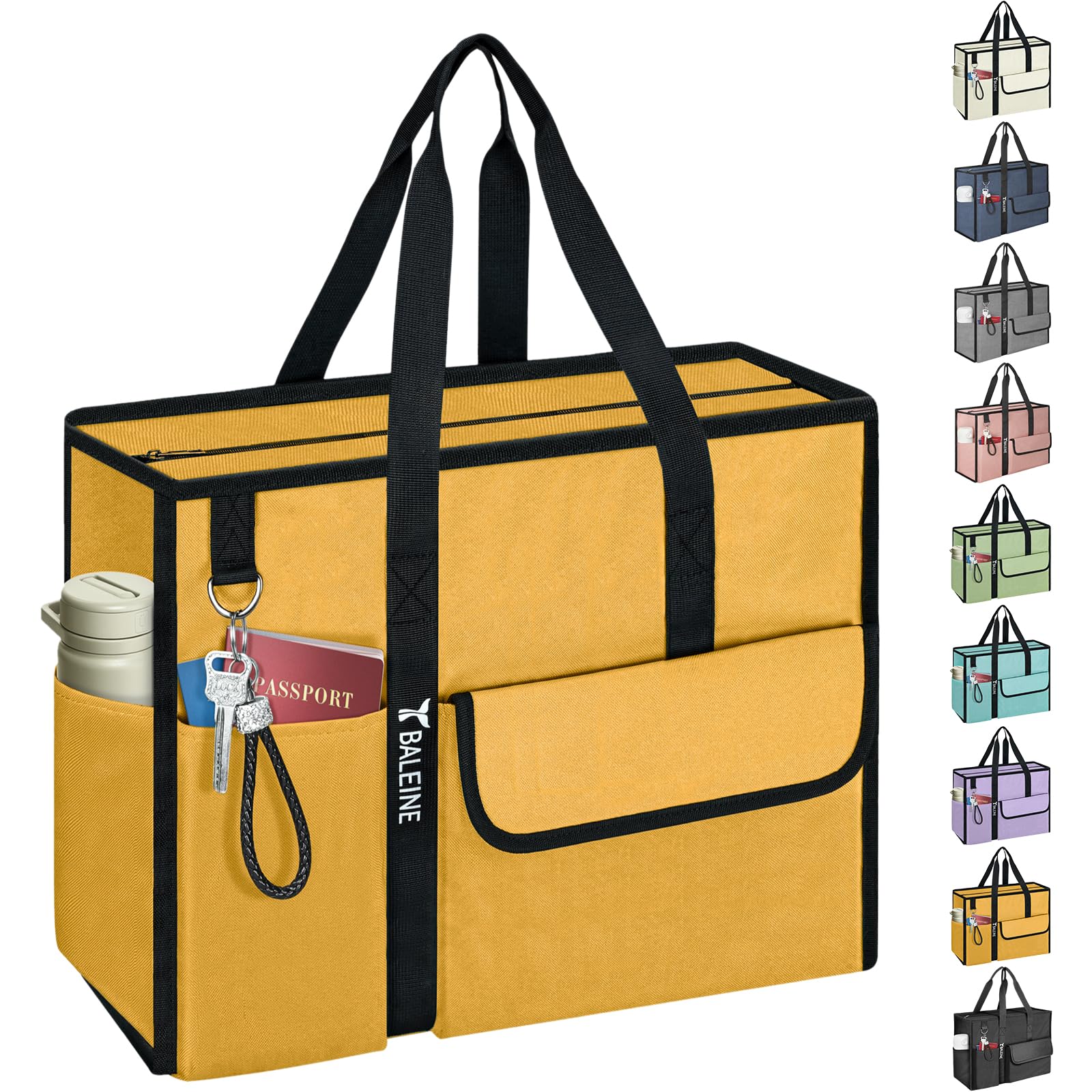 BALEINE Large Utility Tote Bag with Reinforced Bottom, Multi Pockets Foldable Tote Bag for Nurse, Travel, Work