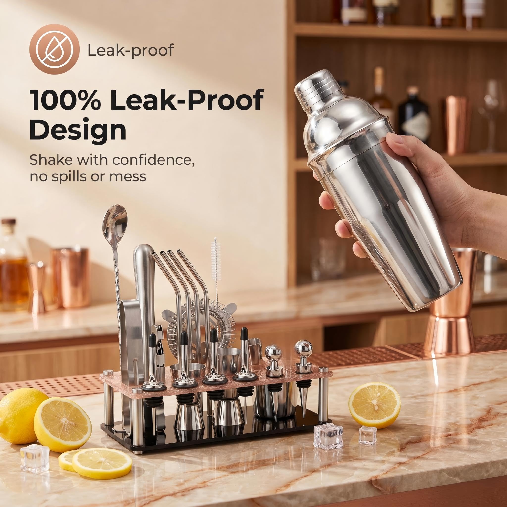 KINGROW Kit per preparare cocktail, 20 pezzi con supporto, argento 708,7 g