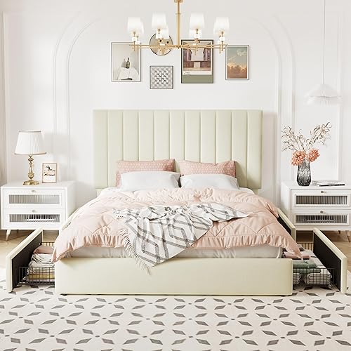 Miniatura 3 de Allewie Base de cama de almacenamiento tamaño Queen, cabecera ajustable capitoné de canal vertical, plataforma tapizada de terciopelo con 4 cajones