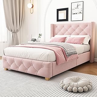 ModernLuxe Upholstered 3FT Single Bed, Elegant Bed Frame with Reinforced Slatted Base, Classic Button-Tufted Headboard, Stylish Rivet Upholstery Detailing, Wooden Legs, Velvet, Pink, 90x190cm