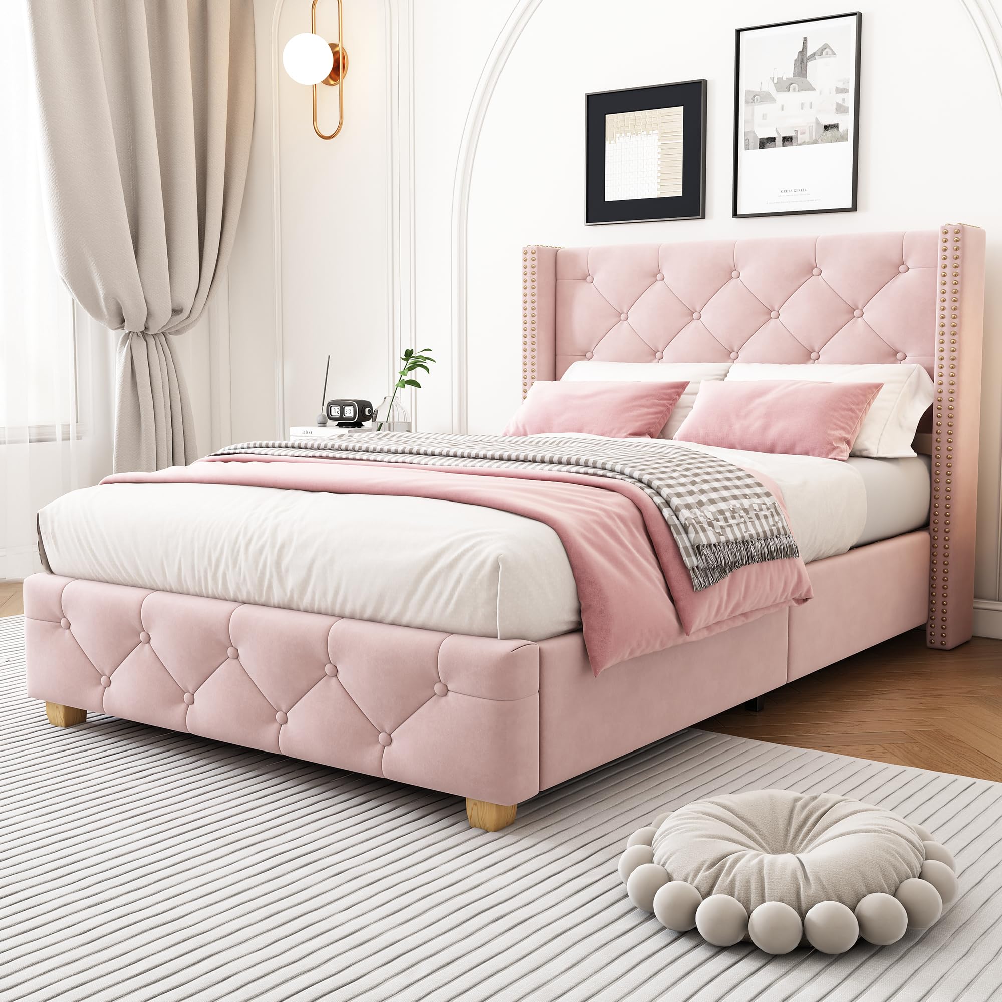 Merax 3ft Upholstered Single Bed with Button & Rivet Upholstery, 90x190cm, Velvet Fabric, Slatted Frame, Wooden Legs,NO Mattress - Pink โ image 1