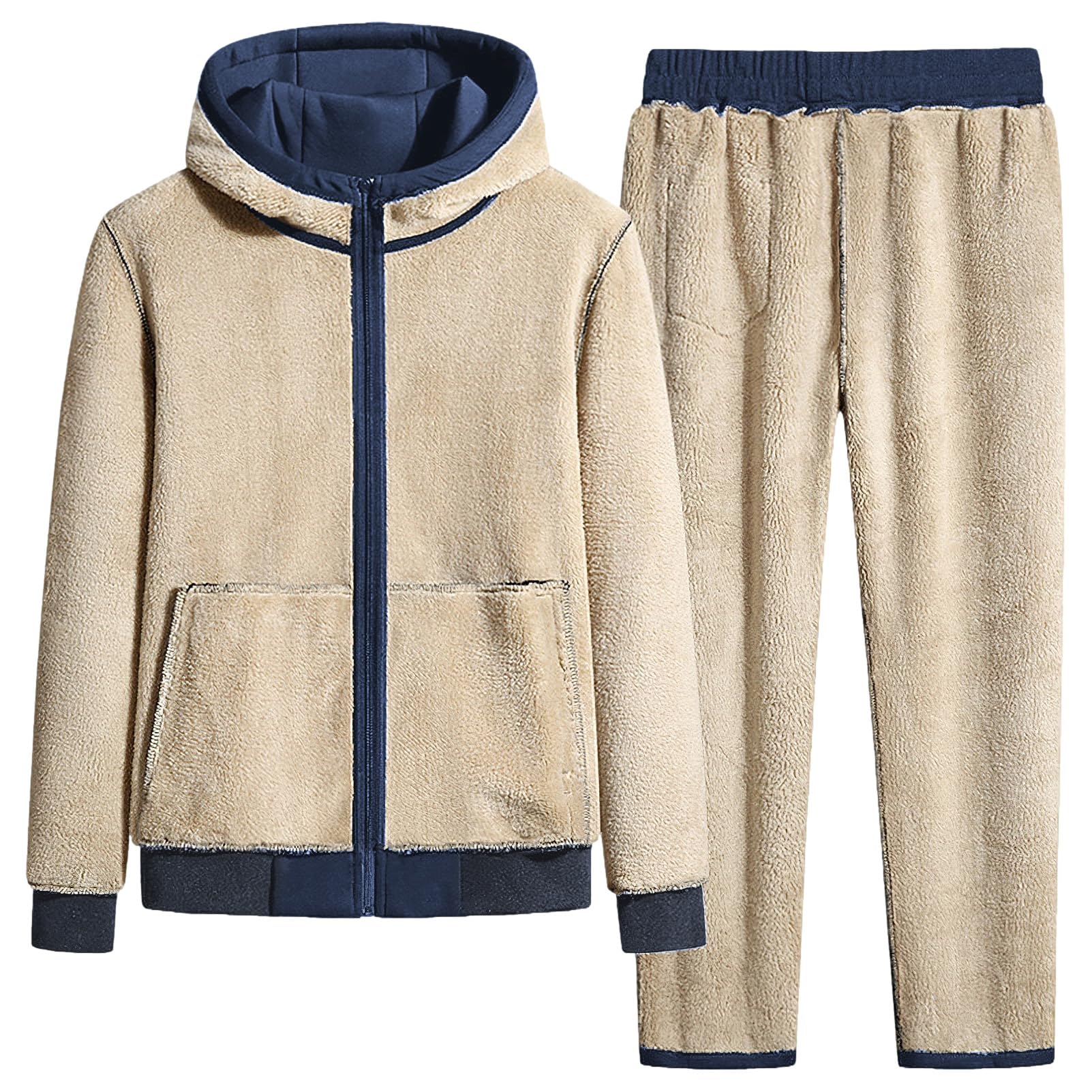 Uomo Inverno Tuta da Ginnastica in Cotone Foderata in Pile Giacca con Cappuccio e Pantaloni Sportivi con Tasche con Zip
