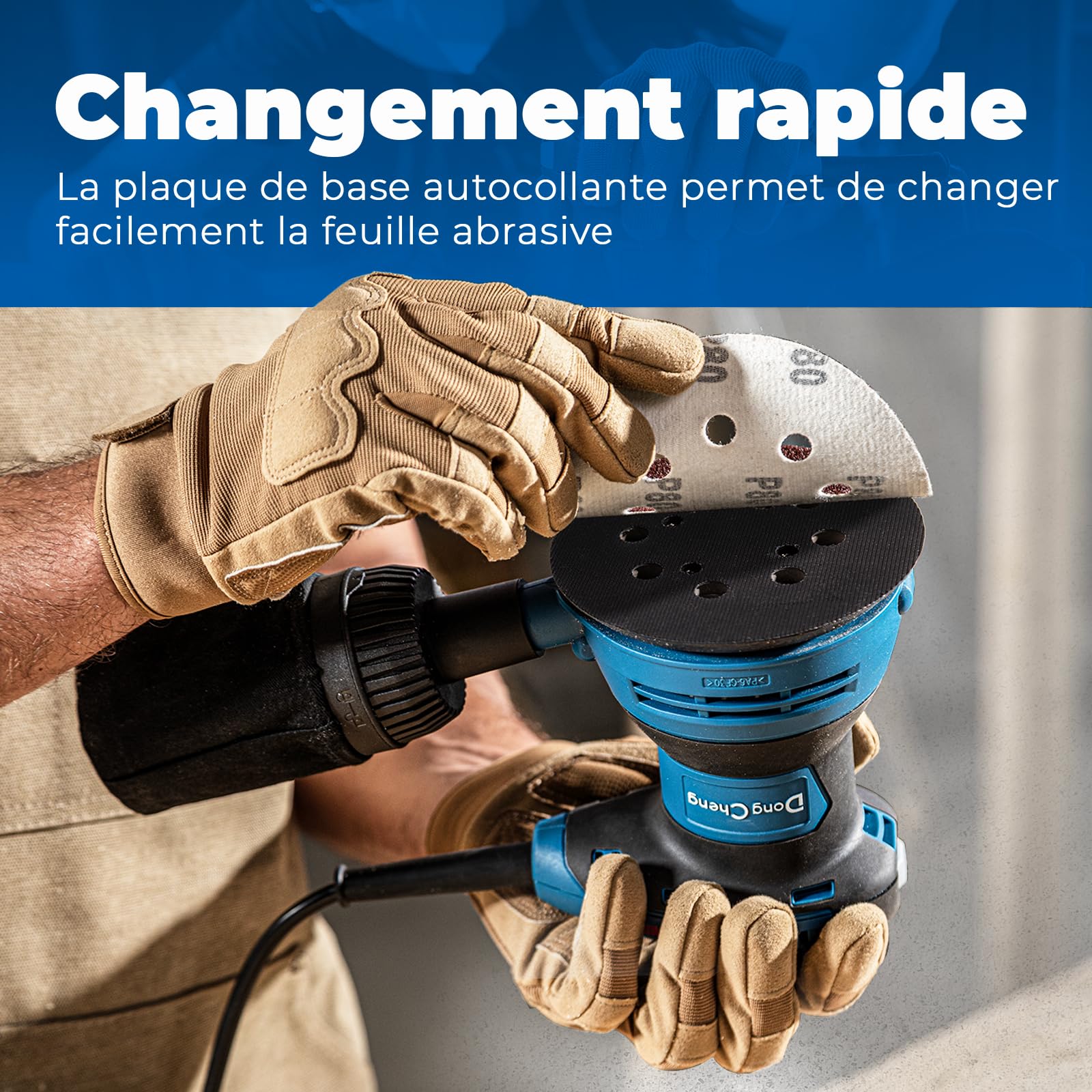 DongCheng Ponceuse excentrique 300 W, 125 mm, 6 vitesses, 4000-12000 tr/min avec dépoussiéreur et 10 types de papier de verre, Ponceuse orbitale aléatoire, idéale pour les travaux de bricolage