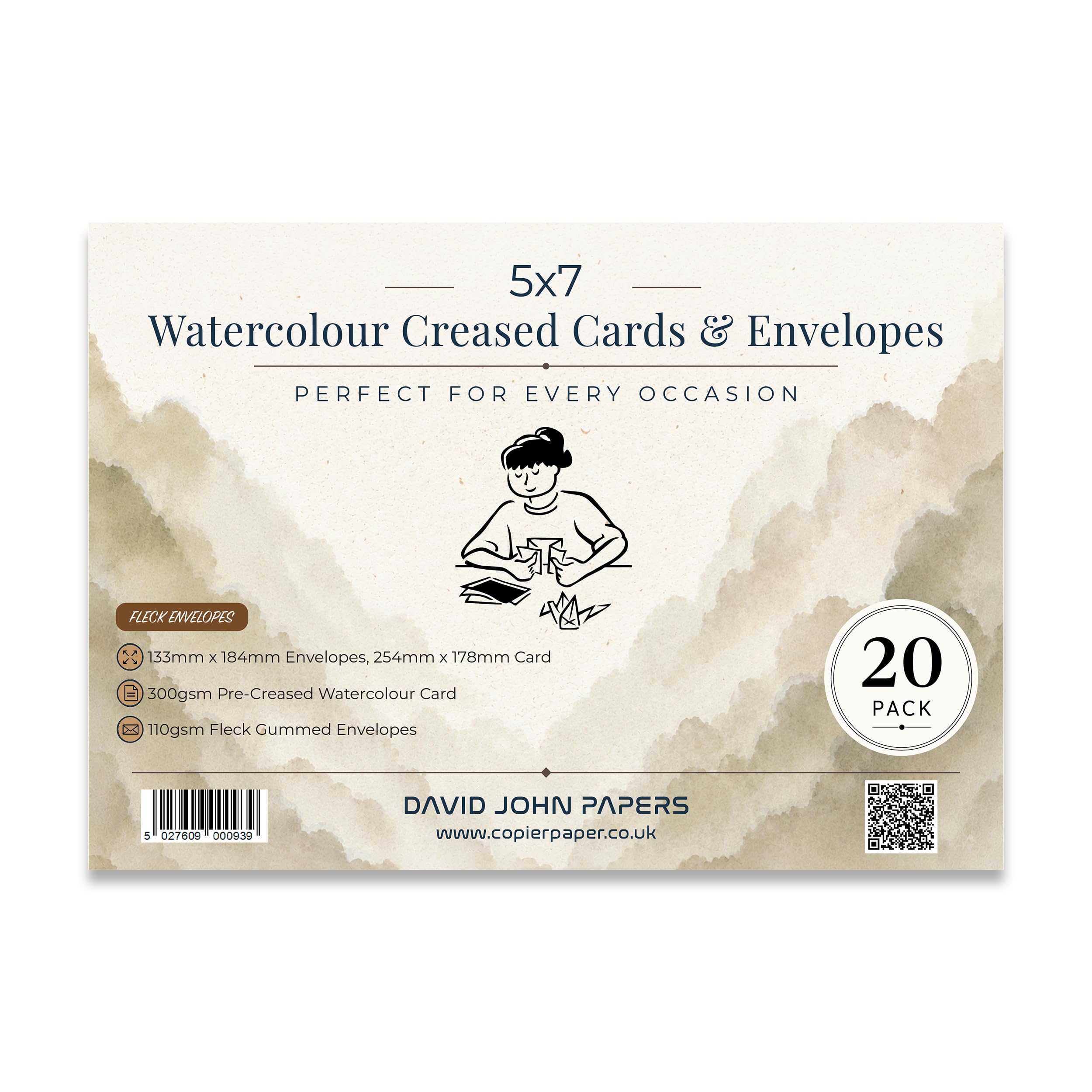 DJP 5x7 Watercolour Creased Blank Greeting Cards & Kraft Fleck Envelopes - Pack of 20