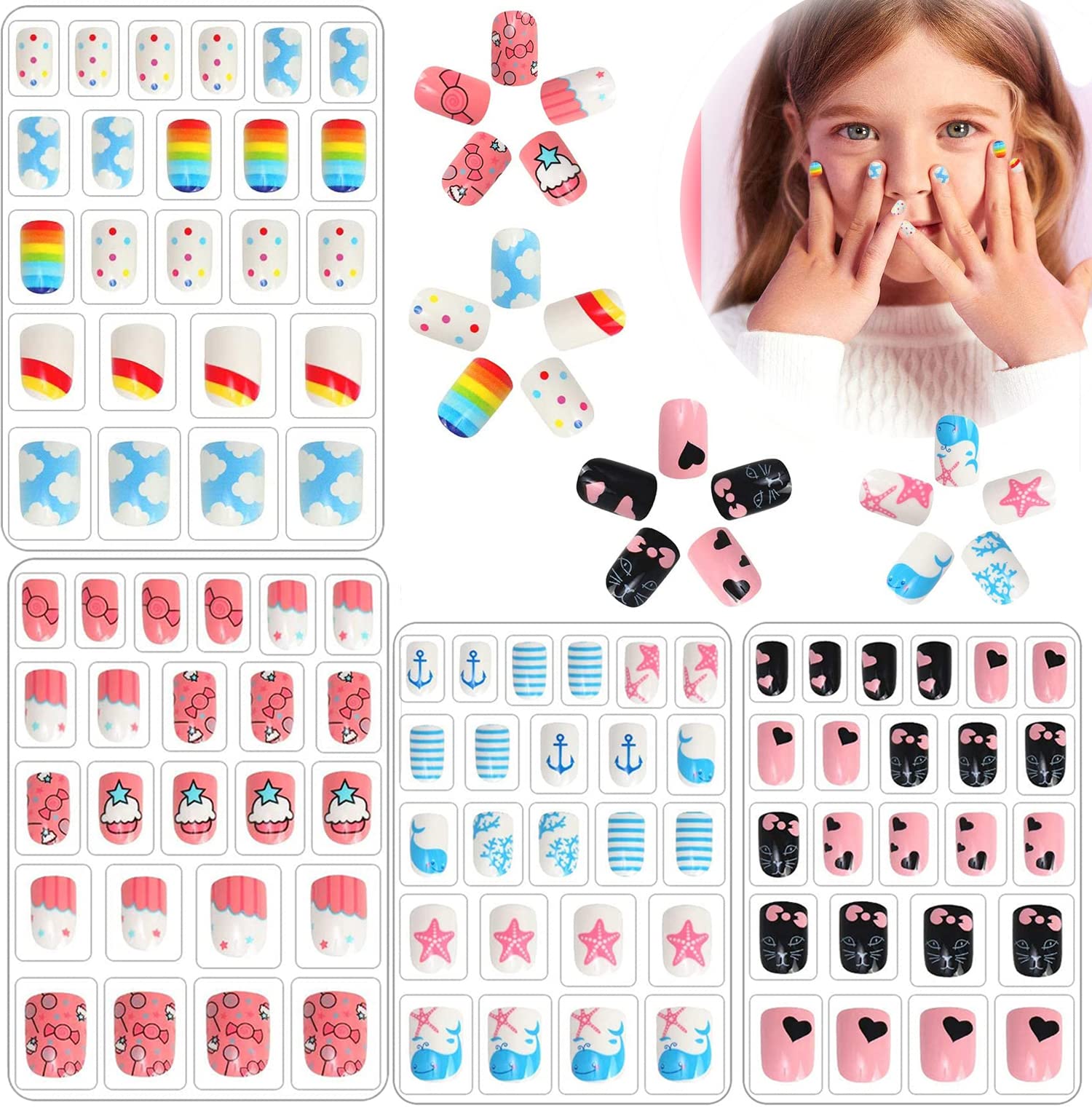 Kids Fake Nails Press on Nails, for Girls Pre-glue Full Cover Short False Nails Children Nails Lovely Gift for Children for Girls Kids Teens Nail Art Decoration(Refreshing and Cute)