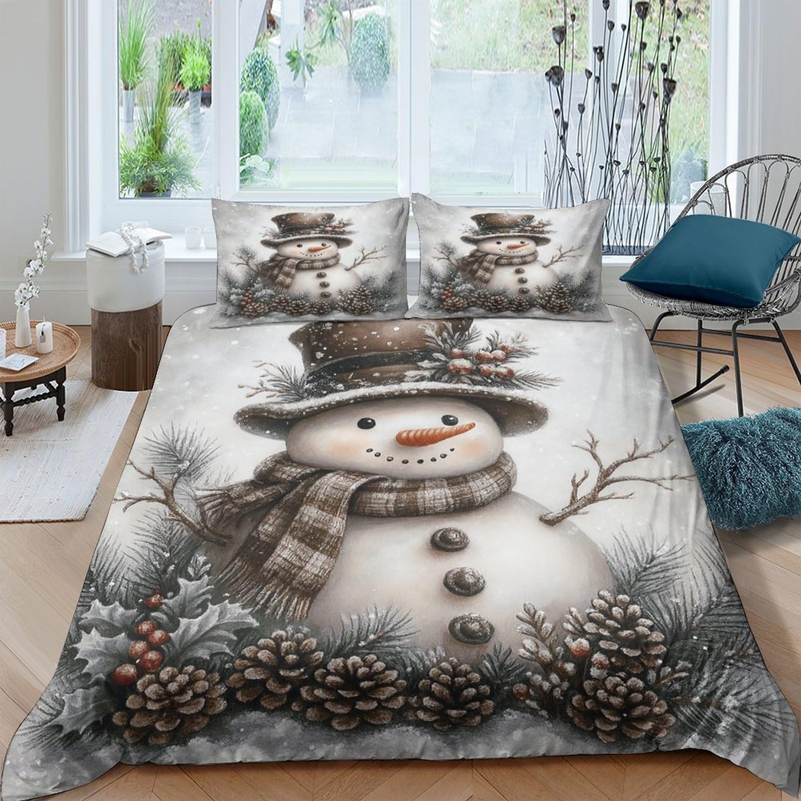 Ctjqhvkz Style-7 3D Printed Snowman Pinecone Fitted Sheet Microfiber Winter Art Bed Cover For Bedroom Dorm Mattress Protection Single（135X200cm）