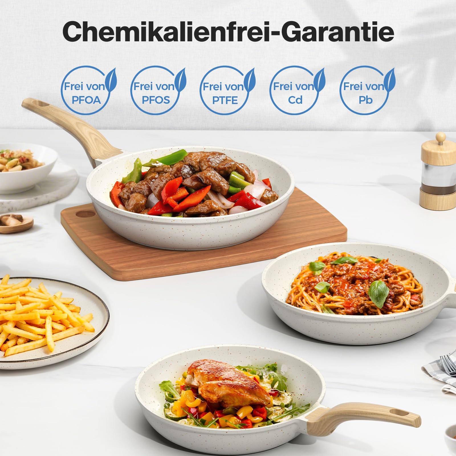 YASHE Antihaft-Bratpfannen-Set, 3-teilig mit 20/24/28 cm Granit-Pfannen, induktionsgeeignet, gesunde und langlebige Pfannen für Omeletts & Alltag, Weiß