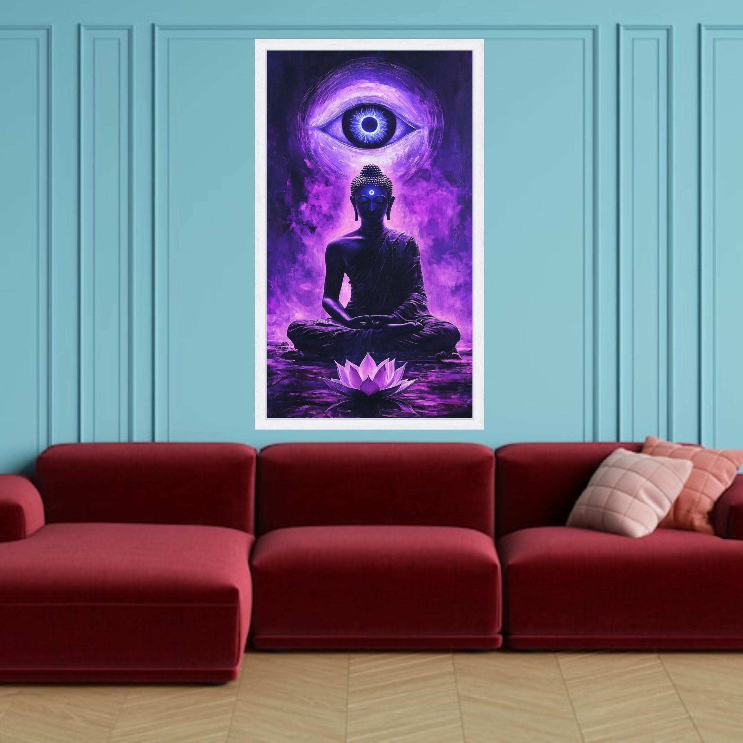Buddha Meditation Canvas Wall Art, Third Eye Spiritual Painting, Purple Lotus Bloom, Zen Home Decor, Mindfulness Artwork (80 x 150 cm)