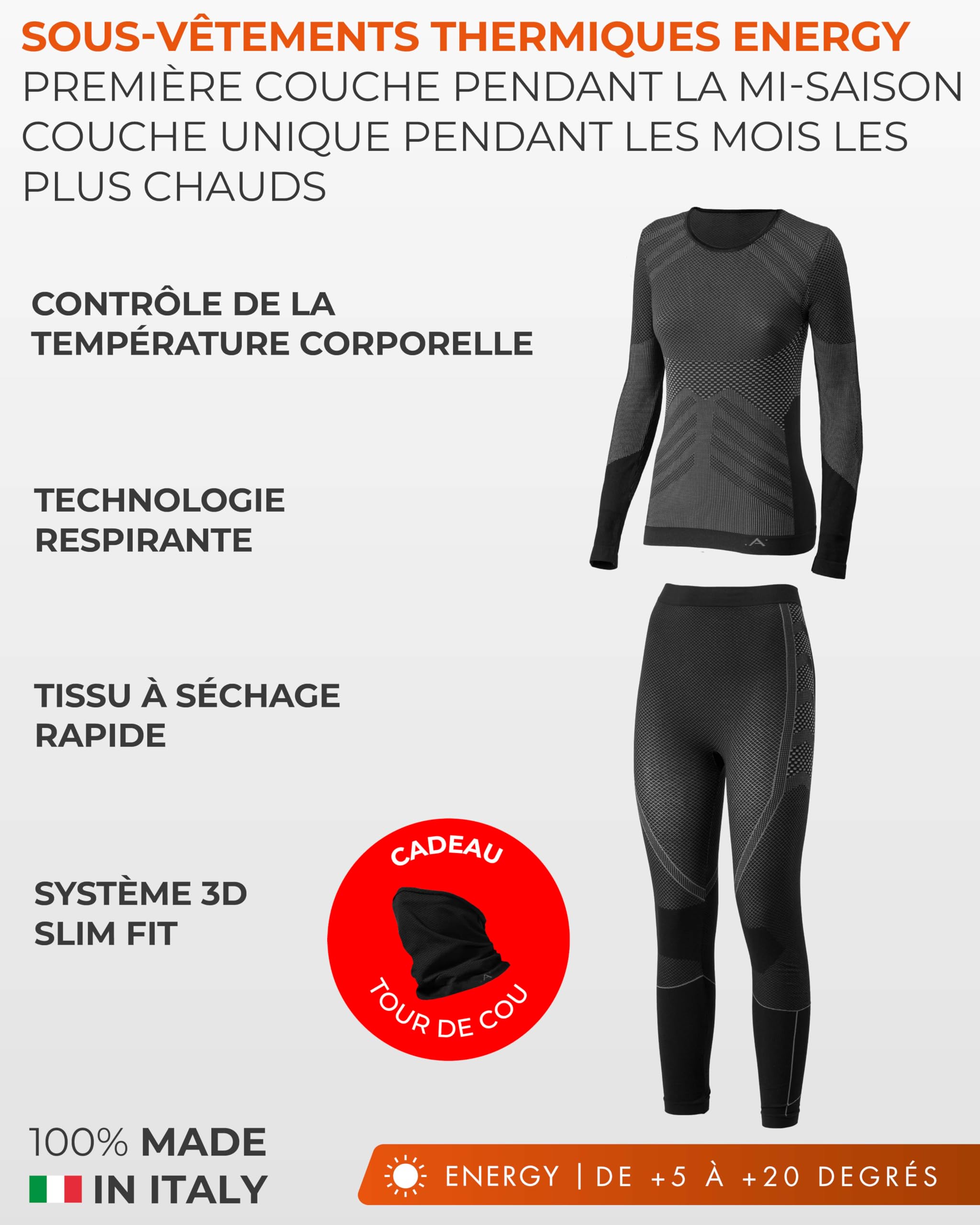 Risalti sous Vetement Thermique Femme Energy – Ensemble Thermique Femme Hiver avec Haut Et Collant, sans Couture, Respirant, Élastique, Ski, Cyclisme, Running – Made in Italy