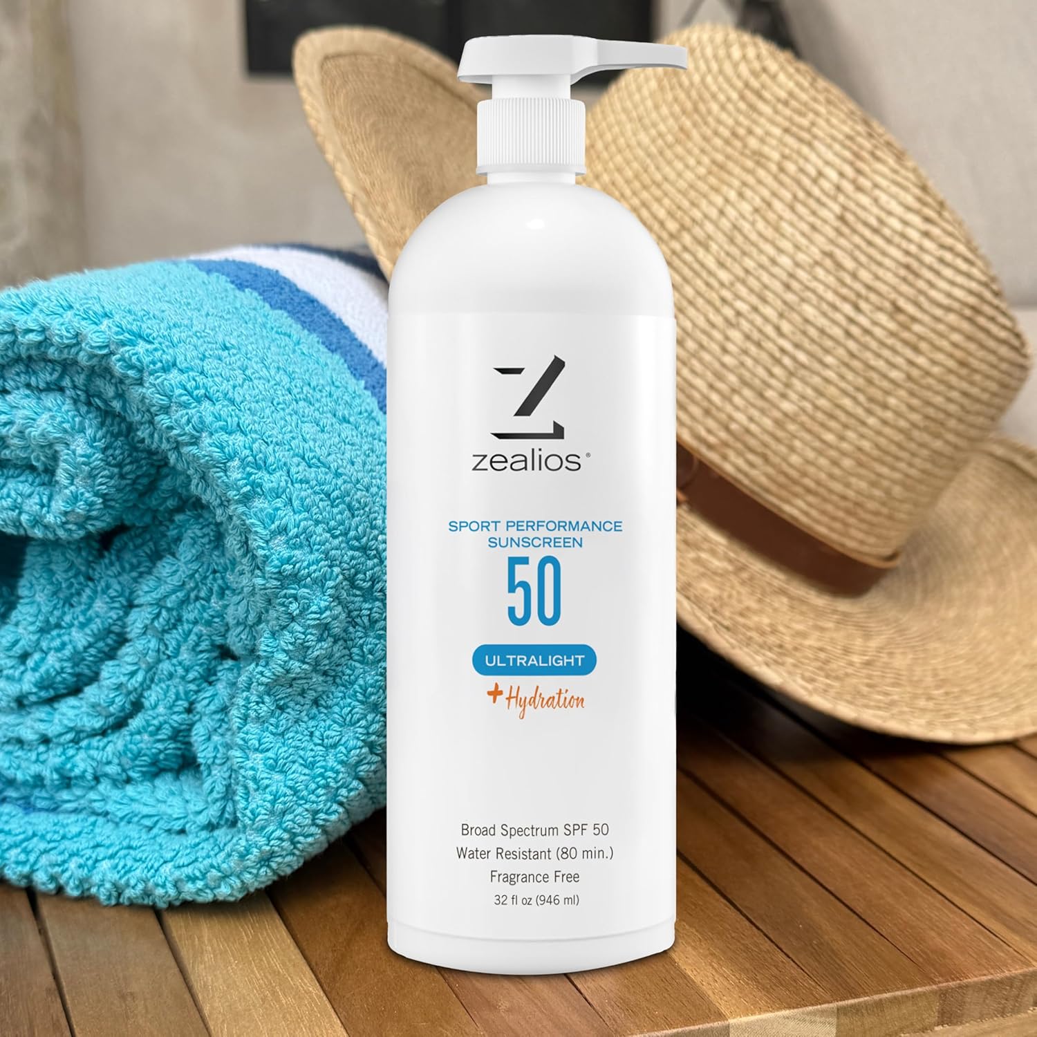 Zealios Sport Performance Ultralight SPF 50 Sunscreen +Hydration, 32 oz Bottle Plus 2 oz Travel Bottle, Broad Spectrum, Water & Sweat Resistant (80 min), Non-Greasy for Swimming, Running & Cycling