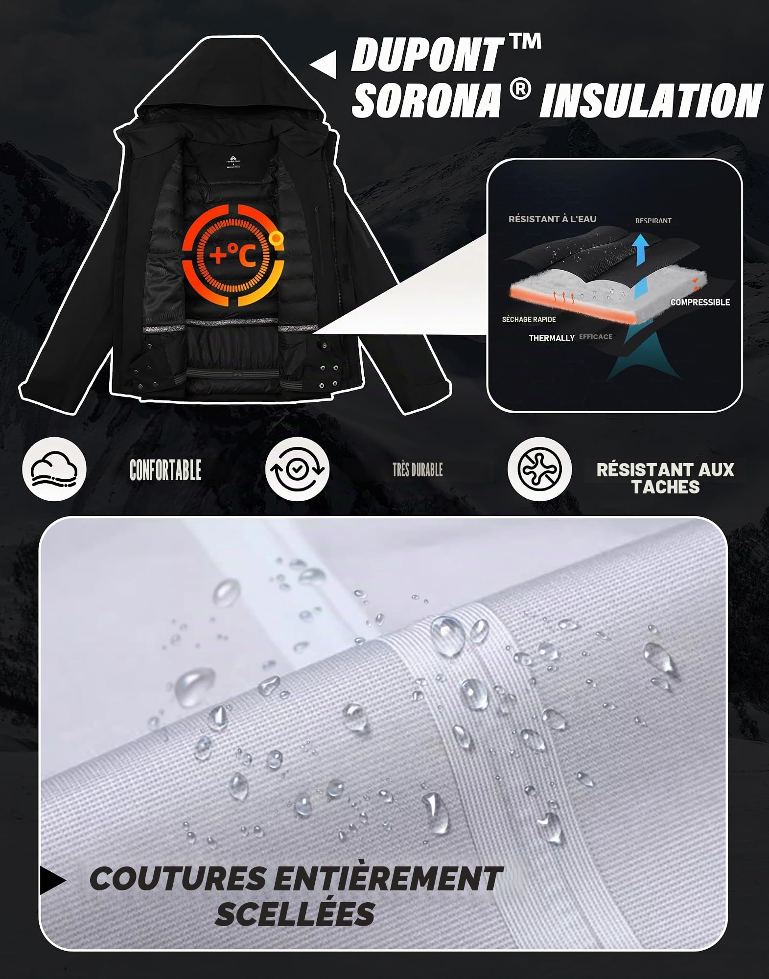 Veste de ski pour homme - Imperméable - Chaude - Respirante - Veste d'hiver avec capuche - Outdoorjac