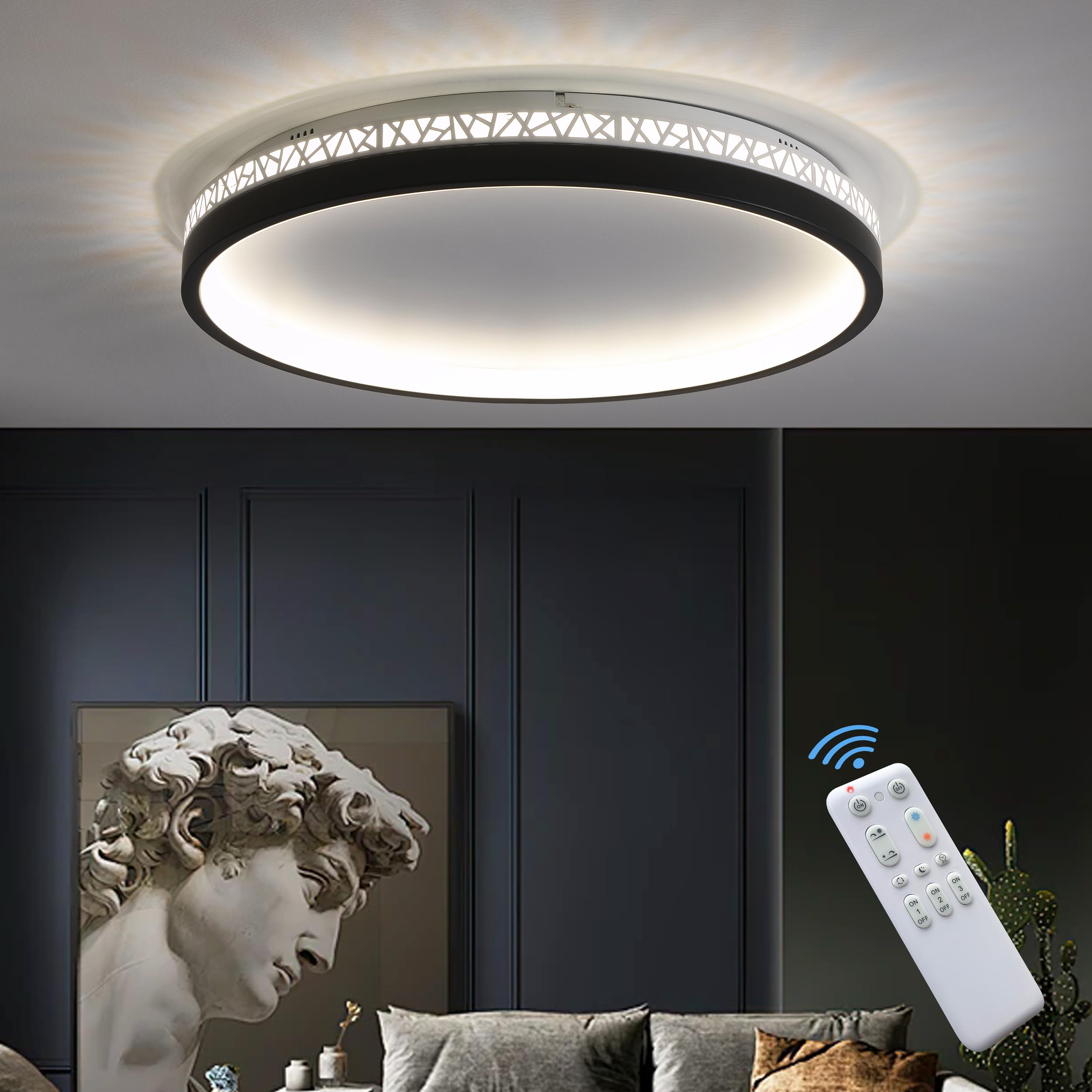LED Deckenleuchte dimmbar mit Fernbedienung, 40W 40cm rund schwarz Aushöhlen Design „Vogelnest“ Deckenlampe Wohnzimmer, 4000lm 3000K-6000K, Schlafzimmerlampe mit Memory-Funktion, 4W Nachtlicht