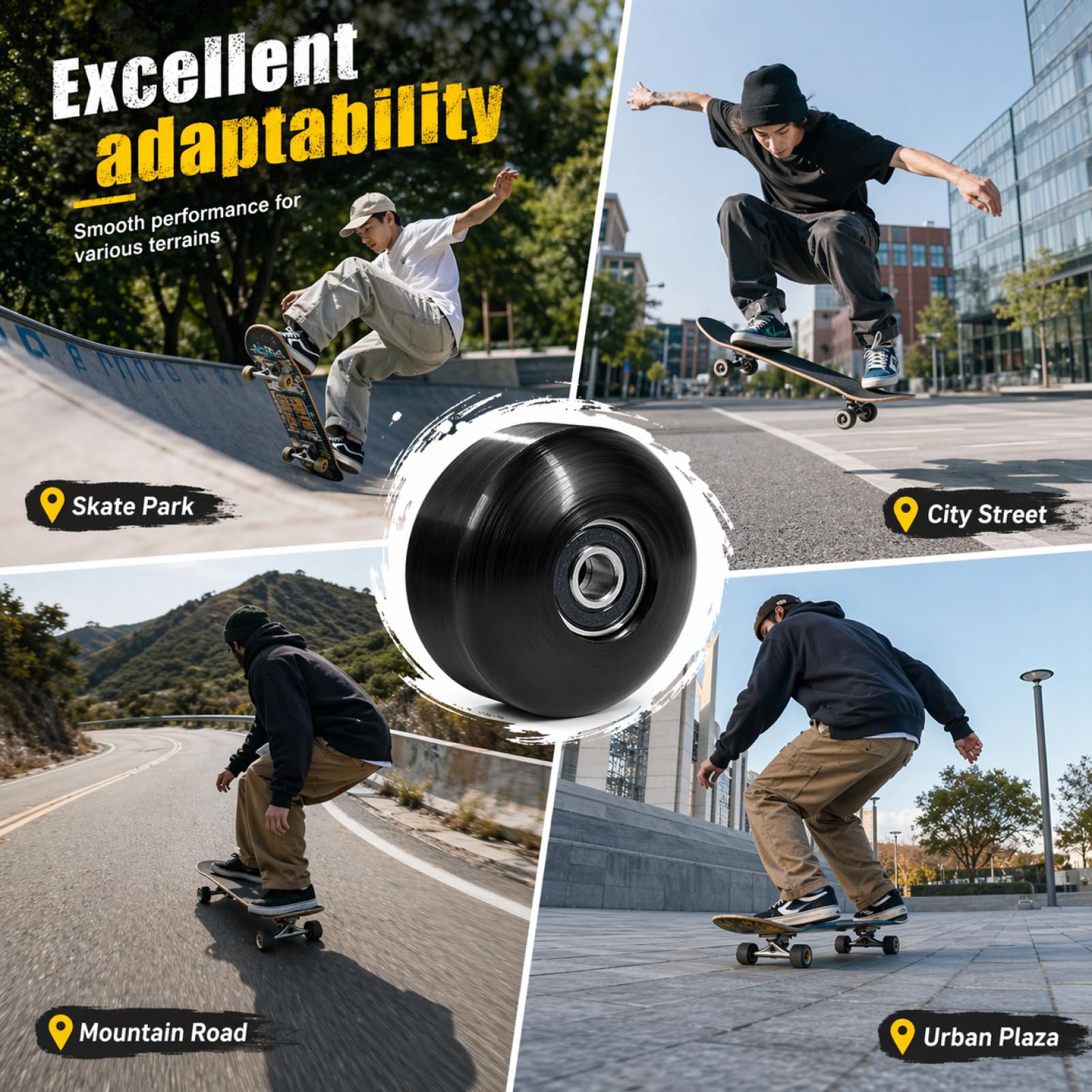 4pcs Roues de Skateboard 52mm avec Roulements 95A 608 RS ABEC-9 pour Skateboard Street Tricks Cruiser Double-Kick Complete Boards