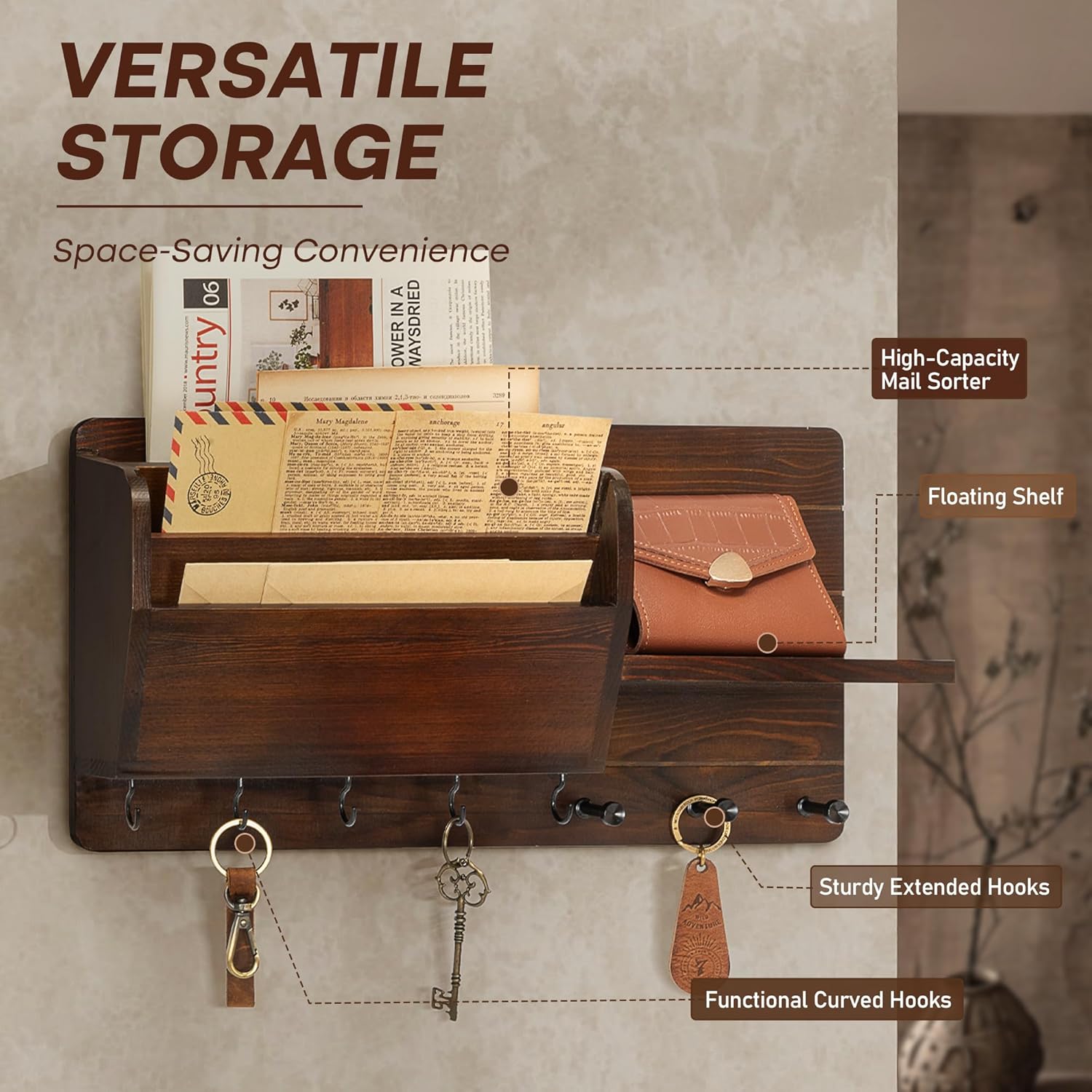 Rebee Vision Pine Wood Key Holder Wall Mount for Home Decor - Vintage Mail Holder Wall Mounted with Floating Shelf & Hooks - Rustic Mail Organizer for Apartment, Living Room, Entryway (Dark Brown)