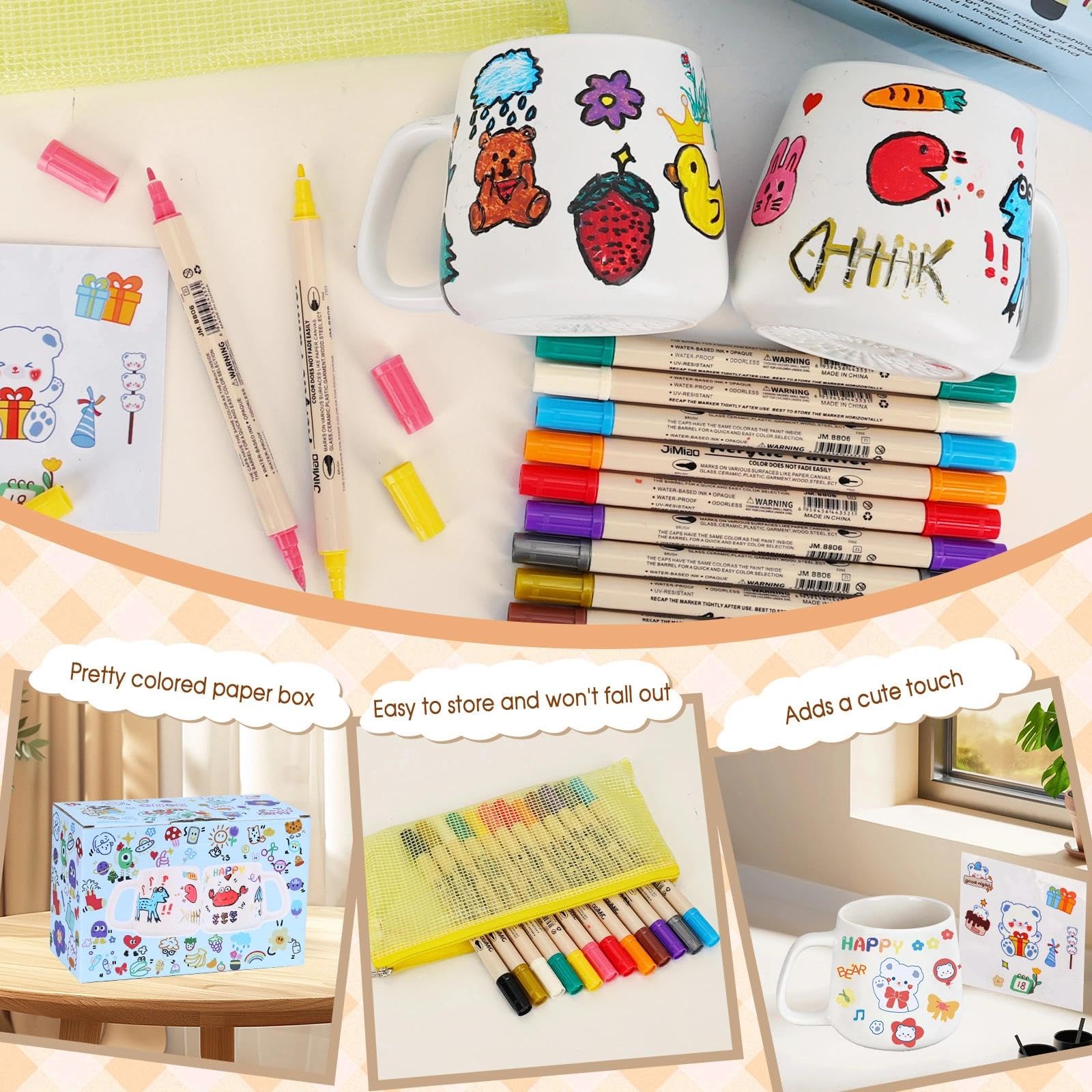 Zestaw do malowania ceramiki, 2 puste kubki ceramiczne o pojemności 400 ml do malowania, 12 kolorowych pisaków porcelanowych z podwójną końcówką i 4 naklejki