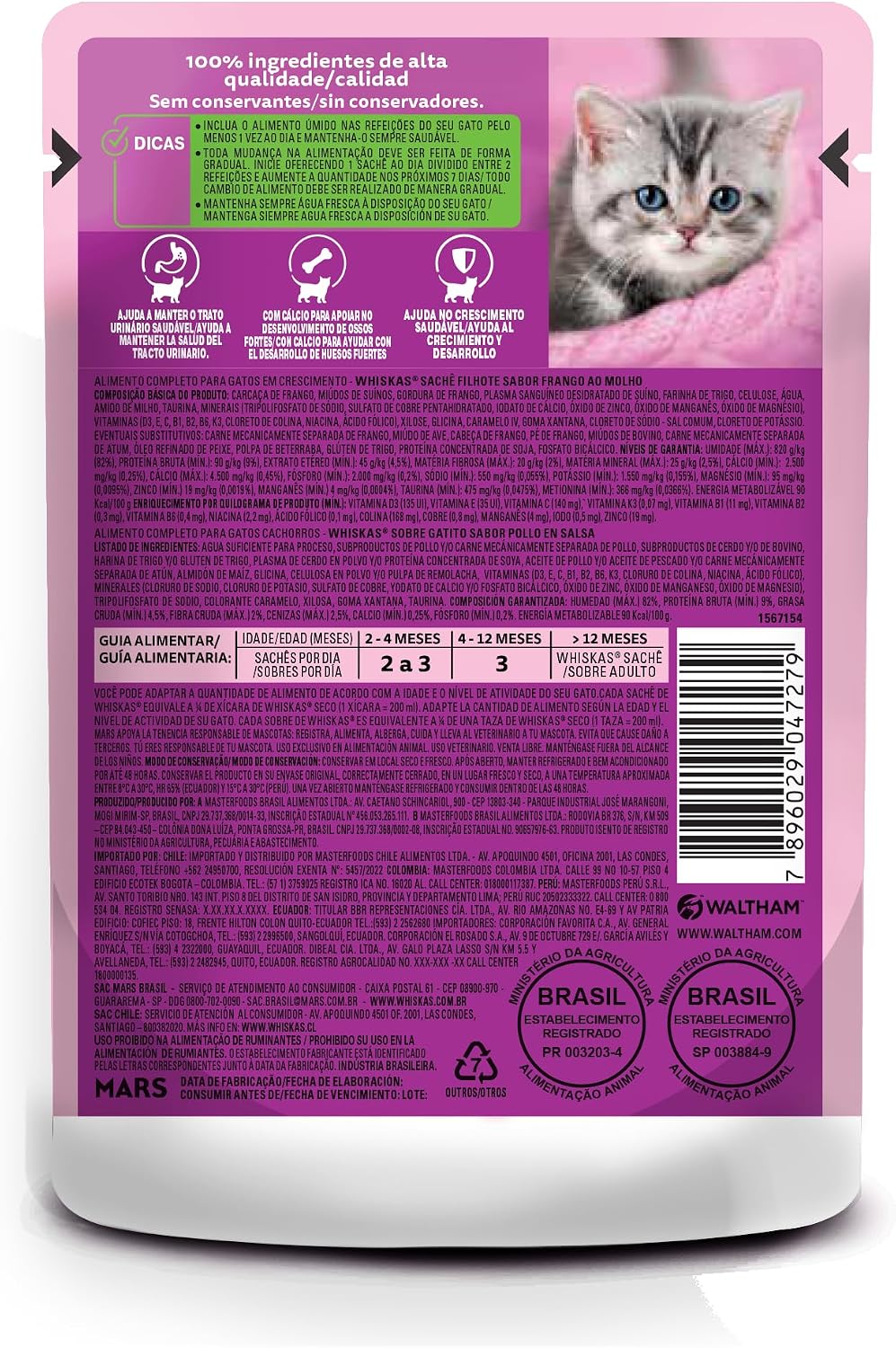 Pack Ração Úmida Whiskas Sachê Frango ao Molho para Gatos Filhotes 85 g - 40 unidades