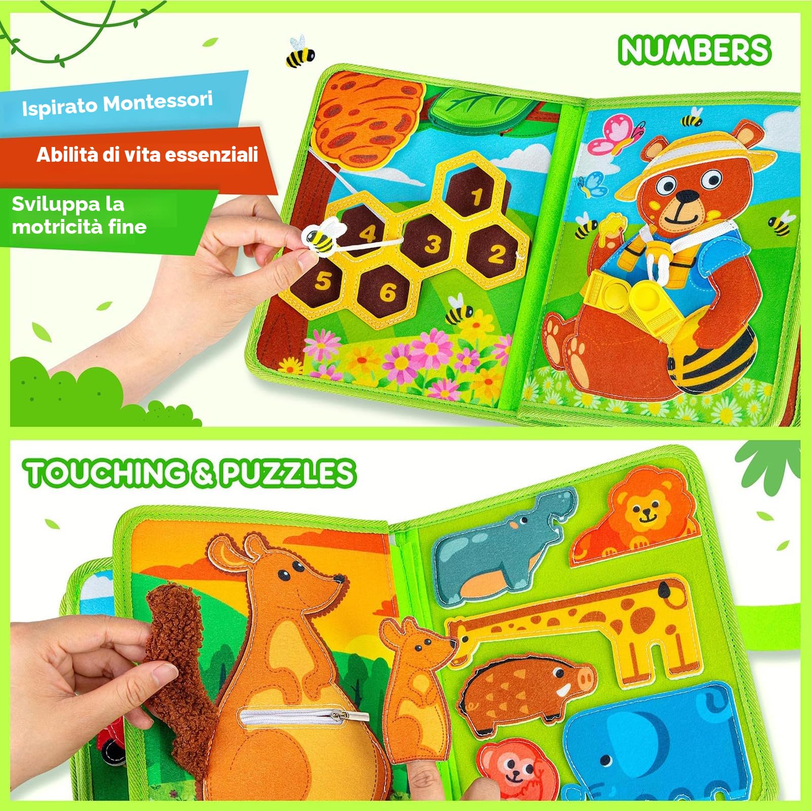 Quanquer Animal Busy Board Montessori Giocattoli per Neonati 1 2 3 Anni - Activity Book per Neonati Ragazzi Ragazze Regalo di Compleanno con Scatola Regalo - Aereo Auto Viaggio Quiet Book Giocattolo