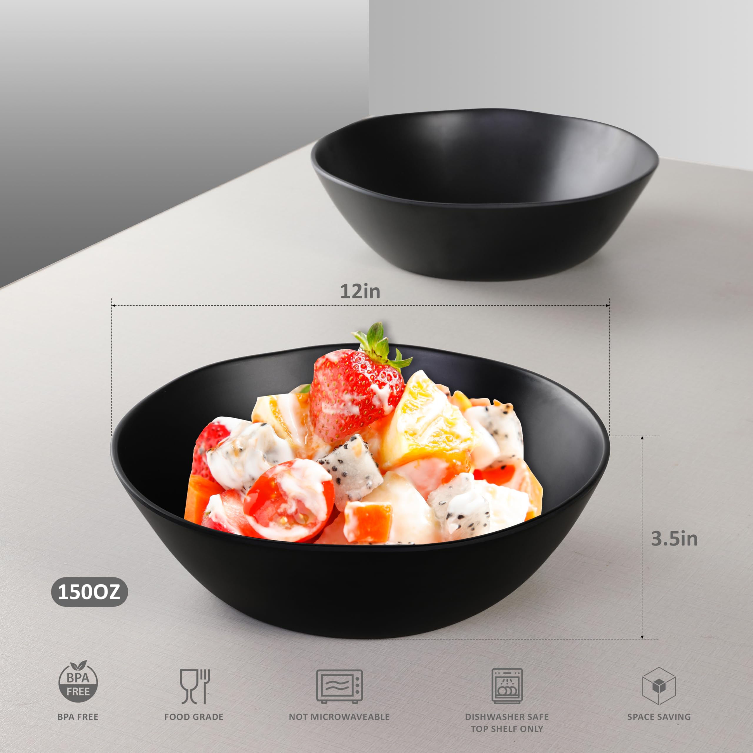 Große Salatschüsseln aus Melamin, 30,5 cm, unzerbrechliche Servierschalen für Salate, Obst, Nudeln, Unterhaltung, Dinnerpartys, spülmaschinenfeste Schüsseln, BPA-frei, 2 Stück, Mattschwarz