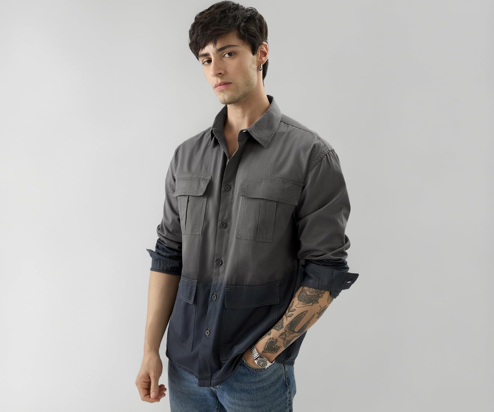 The Souled Store Blue Bonnet Men and Boys Long Sleeves Collared Neck Buttoned Front Regular Fit Cotton Utility Shirts