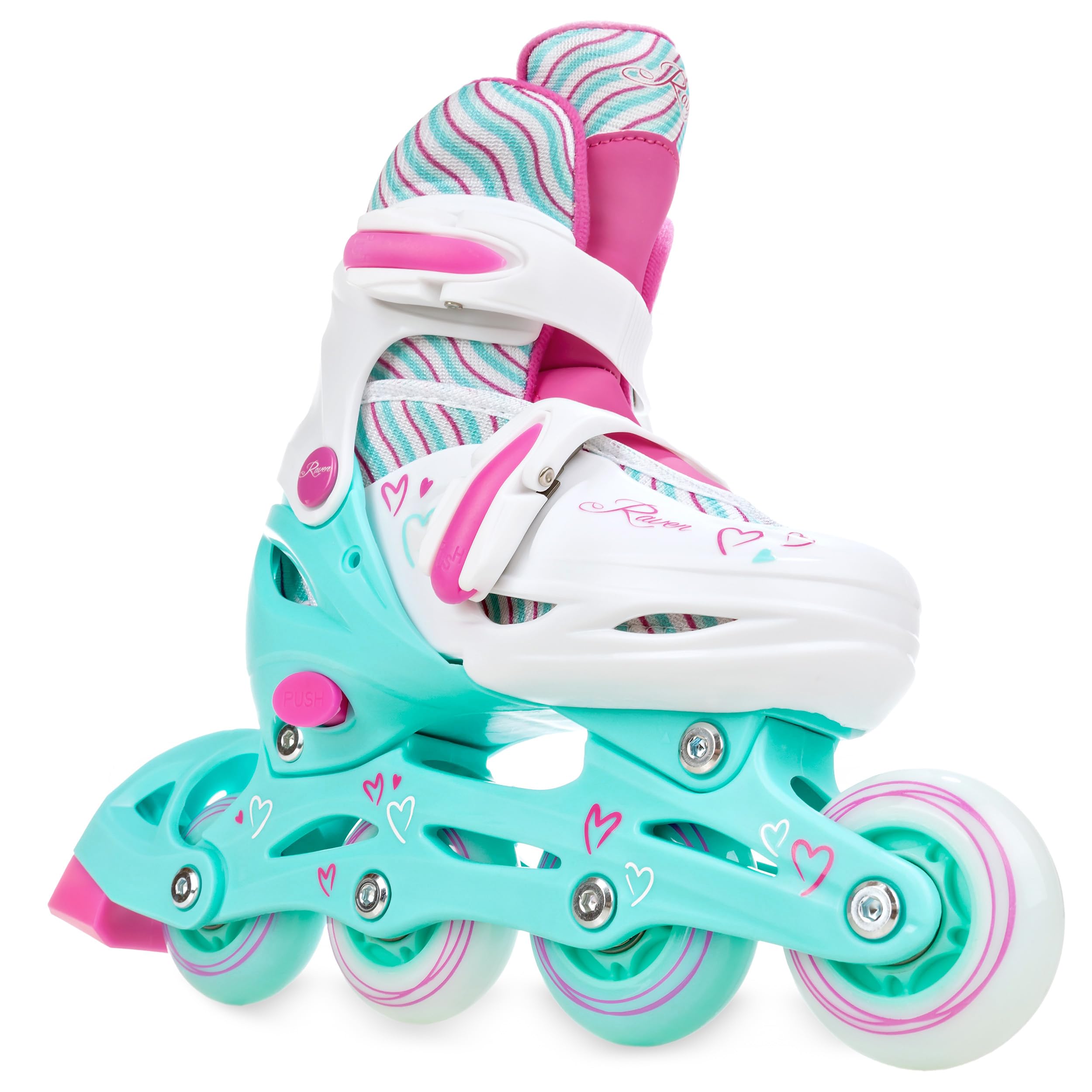 Raven - Roller en Ligne Loret Roues LED du 30 au 33 + Patin à Roulette + triskate Enfant Mixte Taille Ajustable Menthe/Rose Raven
