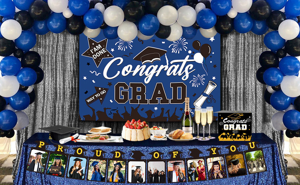 Striscione 'Congrats' Blu E Nero Per Feste Di Laurea | Con Nappe E Cappelli Decorativi - Foto 14