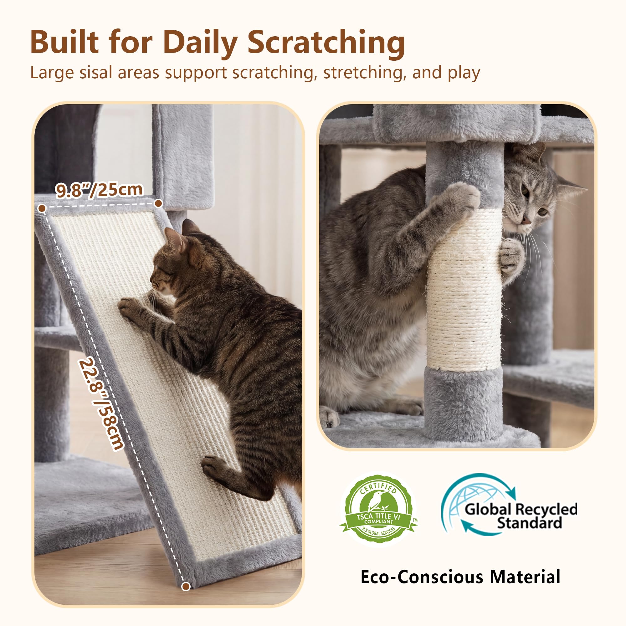 Heybly Árbol para Gatos XXL 210 cm, Torre Rascador Alta para Gatos Grandes de Interior, Condominio con 2 Cestas, Cueva, Plataformas y Tabla de Sisal, Gris Claro HCT063W