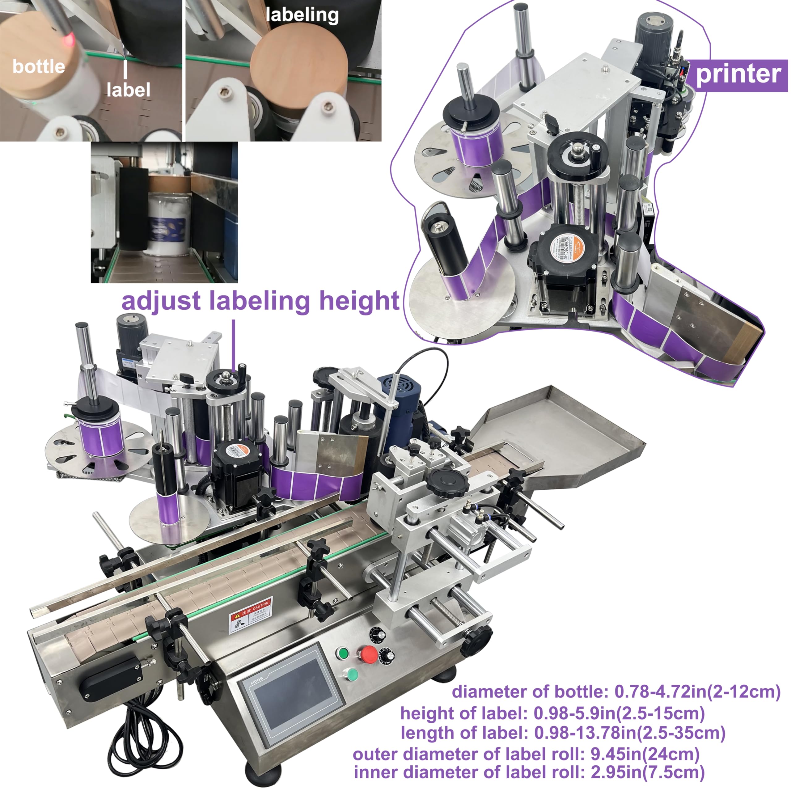 TECHTONGDA Automatic Round Bottle Labeling Machine with Printer Conveyor Bottle Diameter 0.78-4.72inch 360°Labeling for Paper Label Gold Label Silver Label Transparent Label