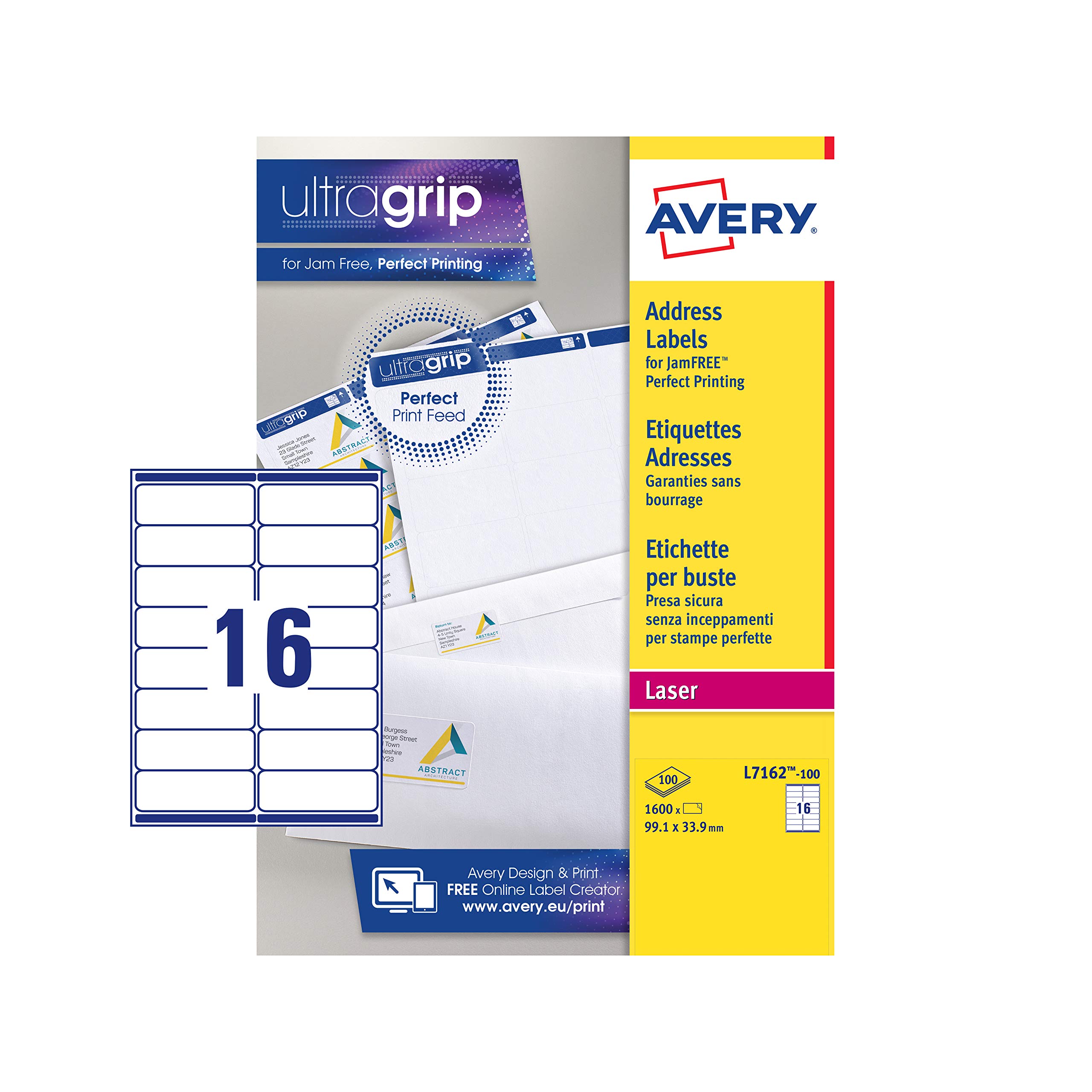 Avery JamFREE, Printable, Address Labels, Customisable, 99.1 x 33.9mm, White, 16 Labels per Sheet, 1600 Blank Labels per Pack (L7162-100)