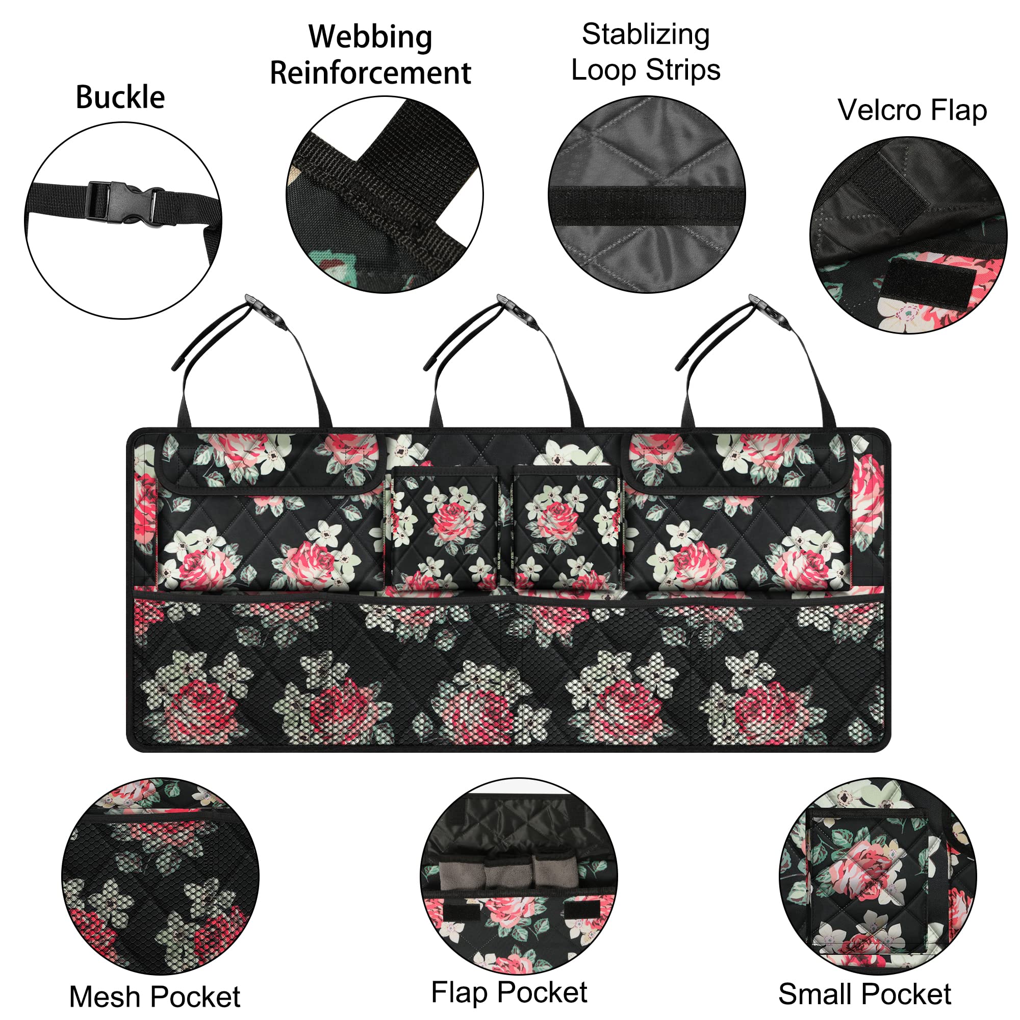 Organiseur de coffre de voiture de grande capacité (106,7 x 45,7 cm), sac de rangement pliable avec 8 poches, organiseur de voiture pour VUS, monospace, camion – Floral