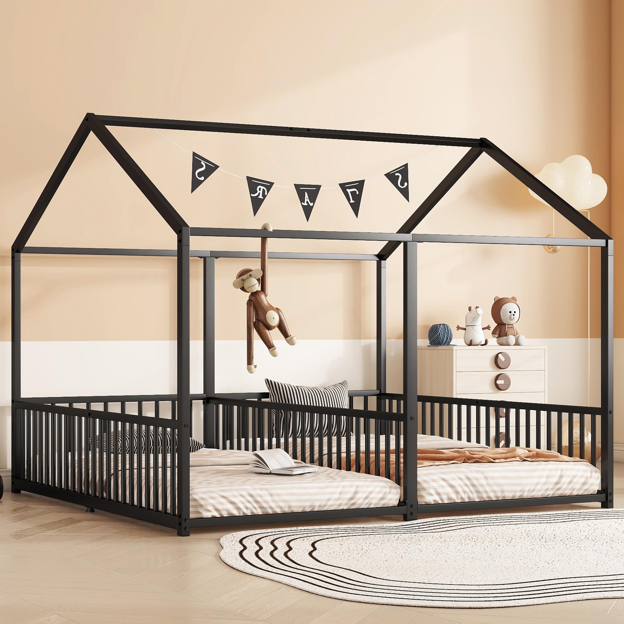 Dolamaní Bodenbett 180x200 cm 2 Kinder mit rausfallschutz, 90x200 cm Einzelbetten 2-in-1, Hausbett Metall Geschwister Bett, Kinderbett Bodentief (Schwarz B)