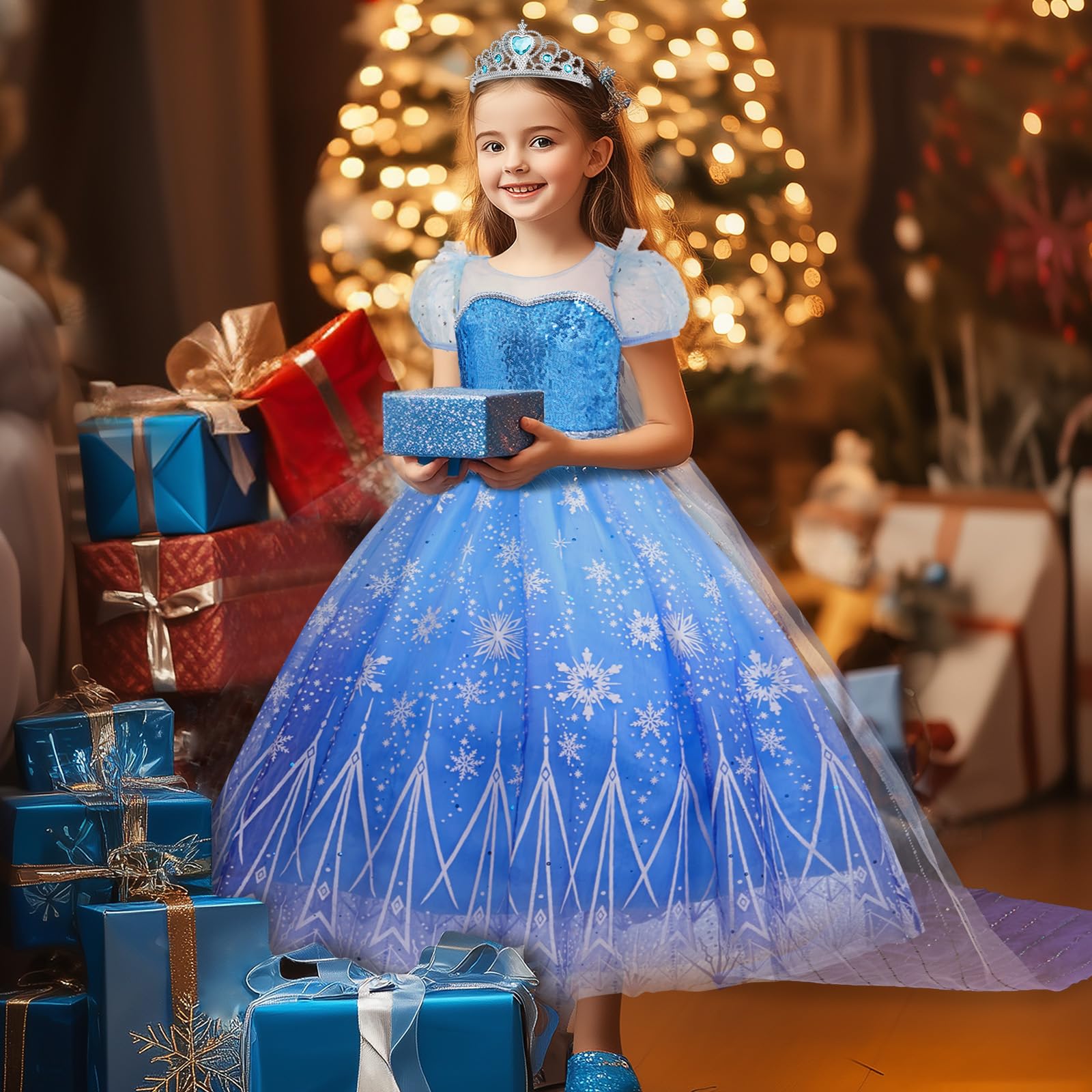 Davvew Abito da Principessa per Ragazze, Costume Luminoso a LED, Corona Magica con Bacchetta Magica per Feste in Carnevale, Halloween, Natale